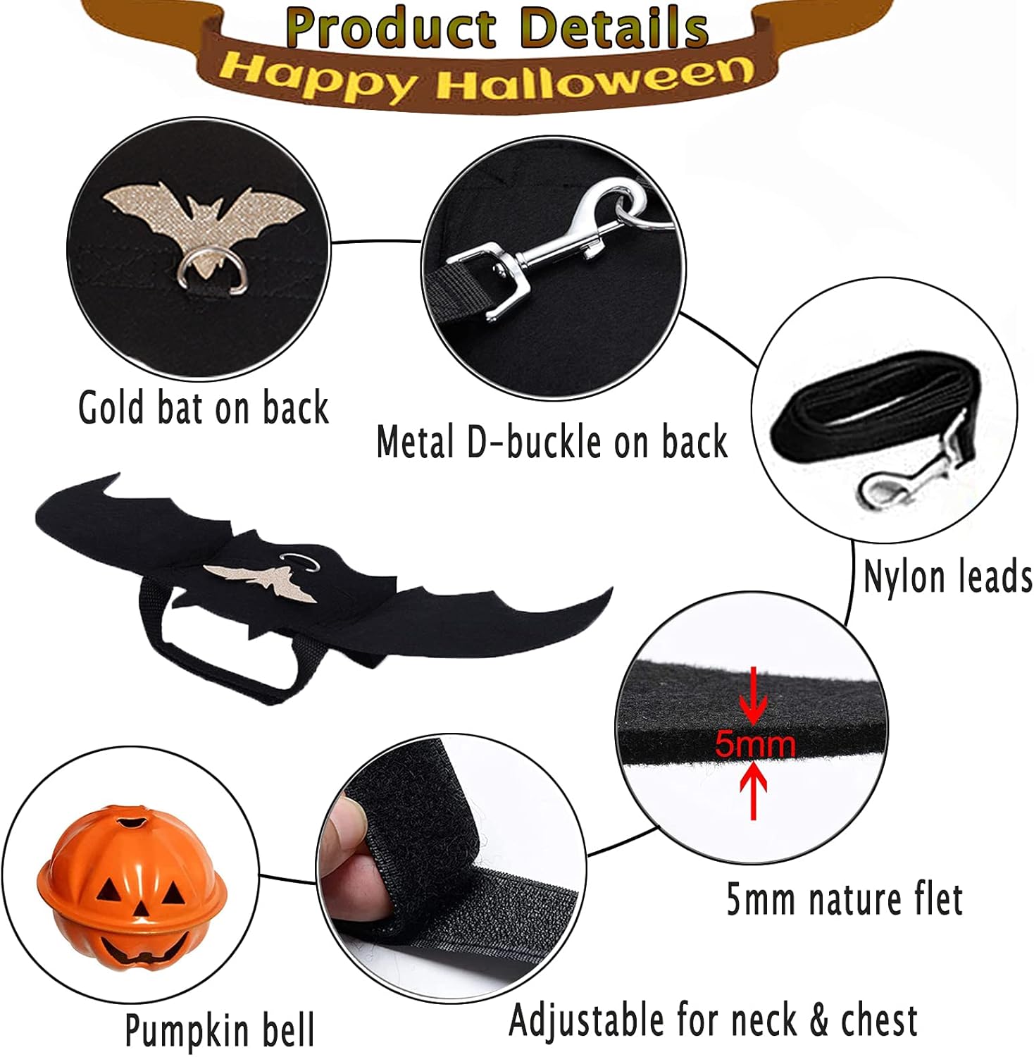 Alas de murciélago para perro, disfraz de Halloween para perros medianos y grandes, ropa divertida para perros con correas y campanas de calabaza,