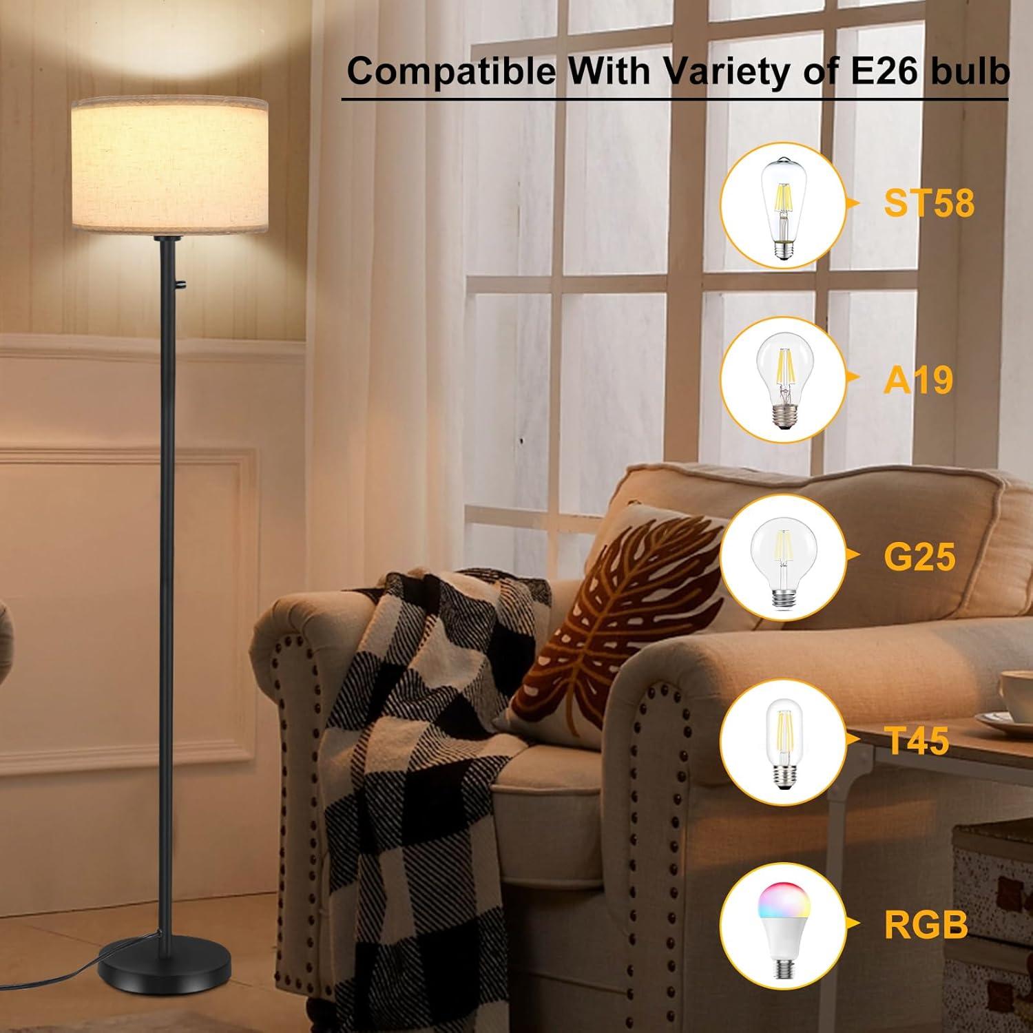 Lámparas de pie para sala de estar, lámpara de pie regulable continua, lámpara de pie moderna con interruptor giratorio, pantalla de lino beige,