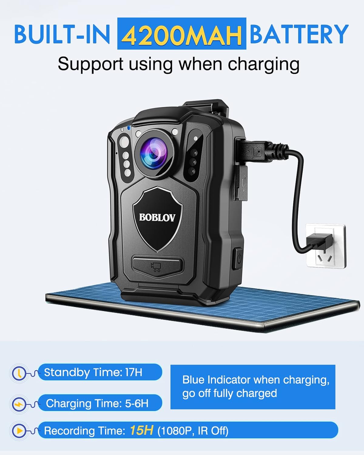 BOBLOV Cámara montada en el cuerpo M5, videocámara 2K 128GB, batería de 4200mAh para grabación de video de 15 horas, cámara montada en el cuerpo