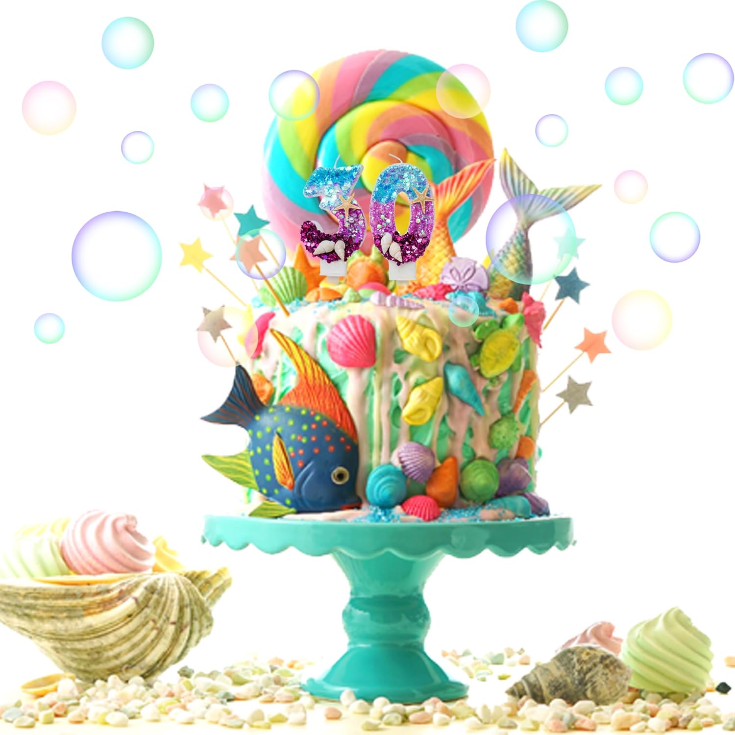 Vela número 3, vela de cumpleaños azul y morado para usar como parte de una fiesta bajo el mar o sirena