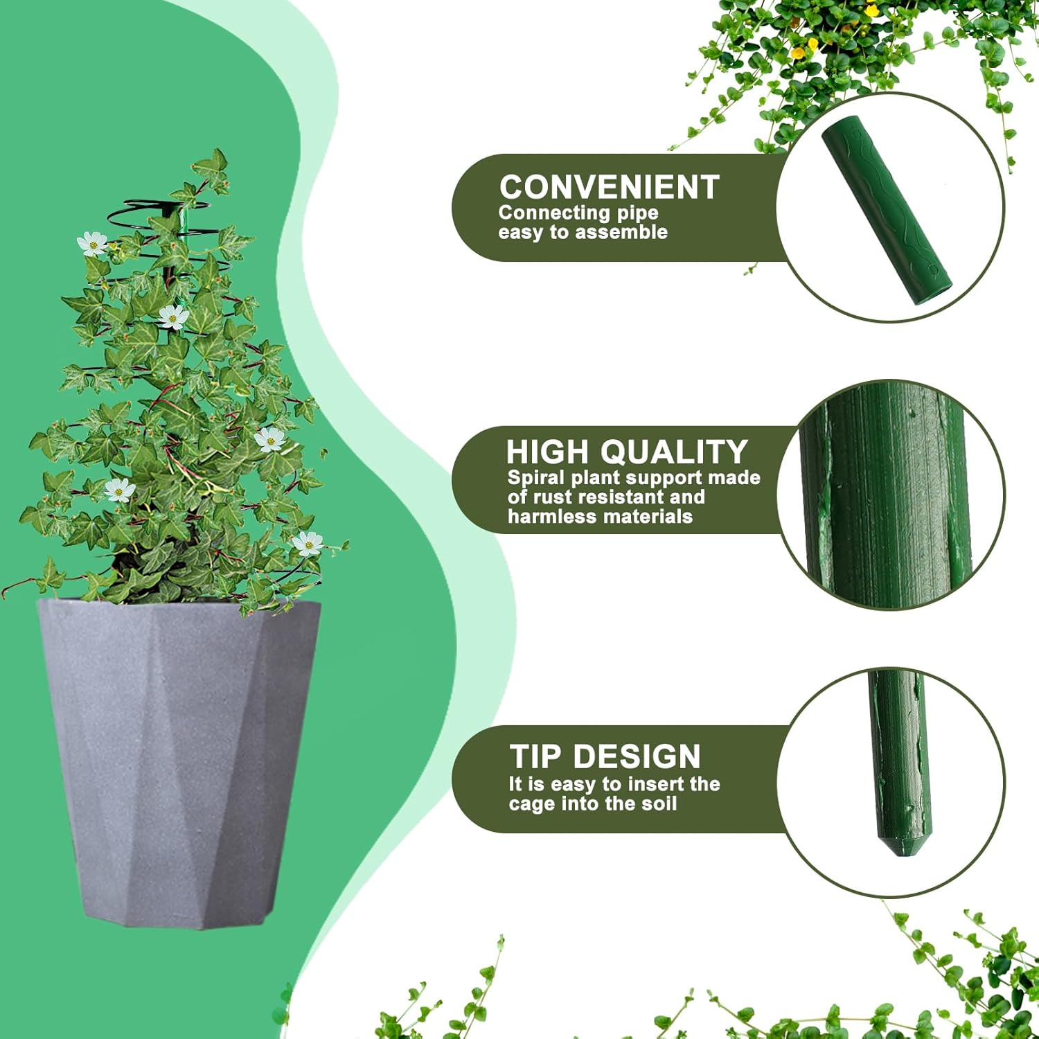 Decoroca Pea Garden Trellis – 20 pulgadas + 35 pulgadas + 50 pulgadas, 3 piezas de enrejado de metal elástico en espiral, estaca de soporte para
