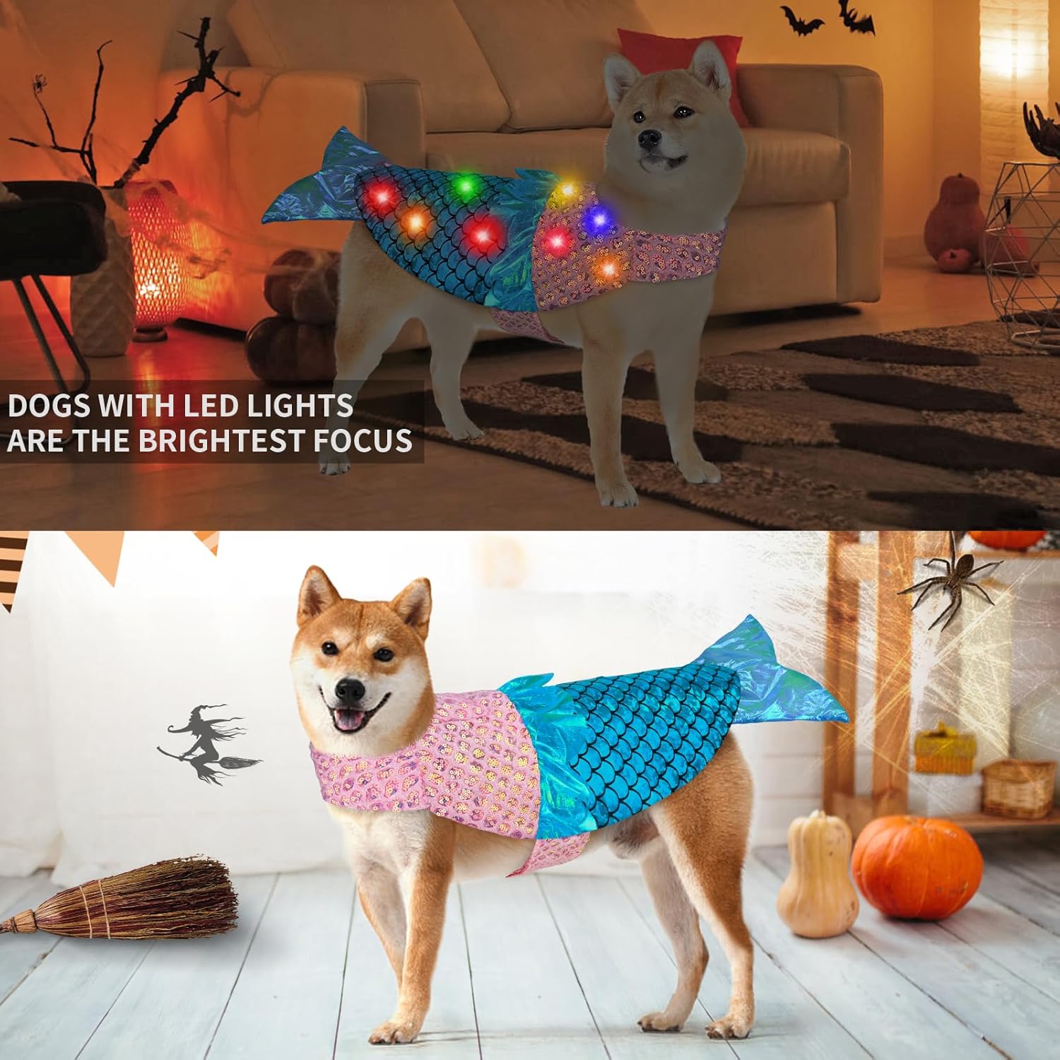 Disfraz de sirena para perro, disfraces de perro de Halloween con luces LED, disfraces divertidos de Halloween para Acción de Gracias, disfraces