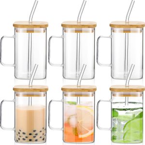 Rtteri Juego de 6 vasos cuadrados de vidrio con tapa de bambú, popote y asa, tazas de café portátiles para fiesta de graduación, regalos del día de Rtteri Juego de 6 vasos cuadrados de vidrio con tapa de bambú, popote y asa, tazas de café portátiles para fiesta de graduación, regalos del día de