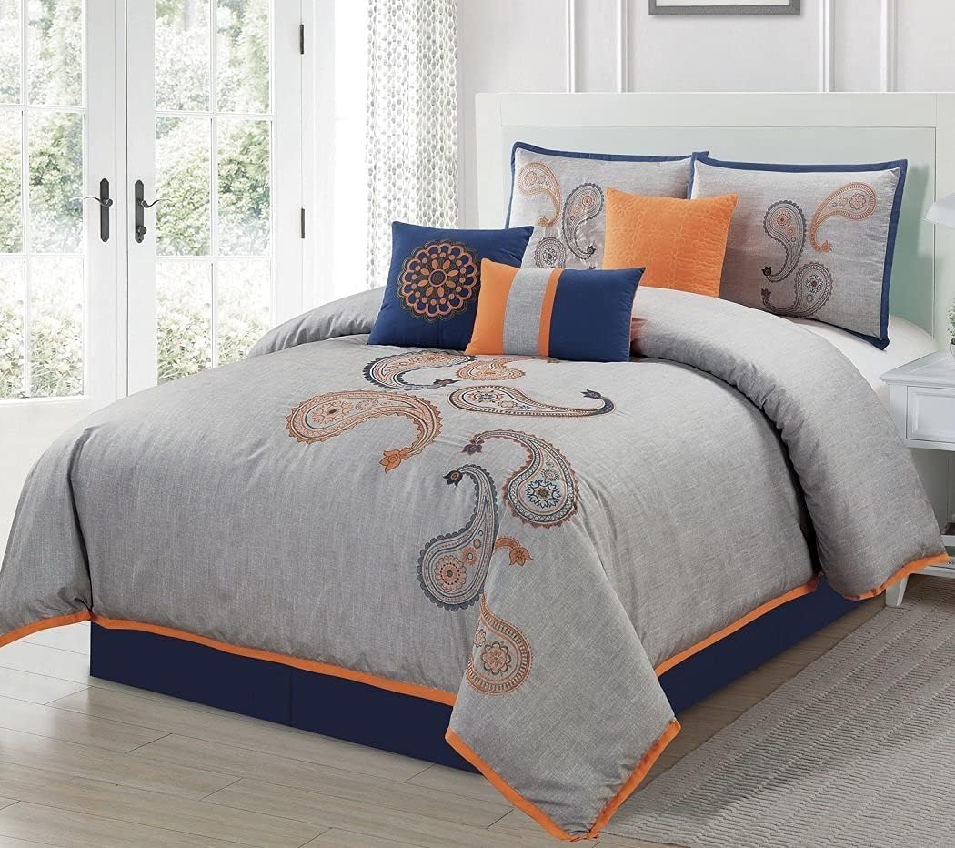 Chezmoi Collection Naomi – Juego de ropa de cama de 7 piezas con bordado floral de cachemira naranja marino, tamaño Queen