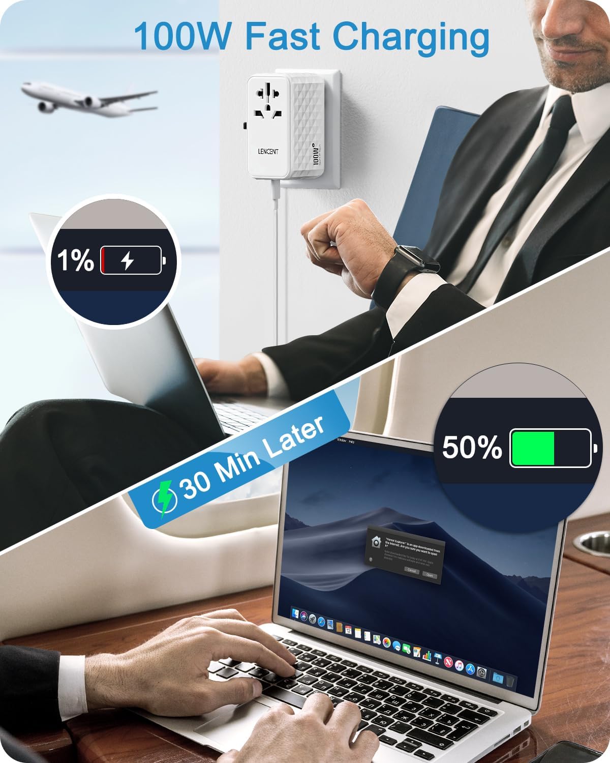 LENCENT Adaptador de viaje internacional de 100 W, adaptador de viaje universal con 2 QC USB-A y 2 adaptadores de corriente PD3.0 tipo C, carga
