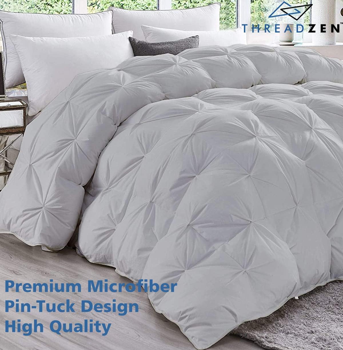 THREADZEN Edredón plisado de gran tamaño King para todas las estaciones, alternativo al plumón, tamaño extra grande, 1 pieza con 8 pestañas y