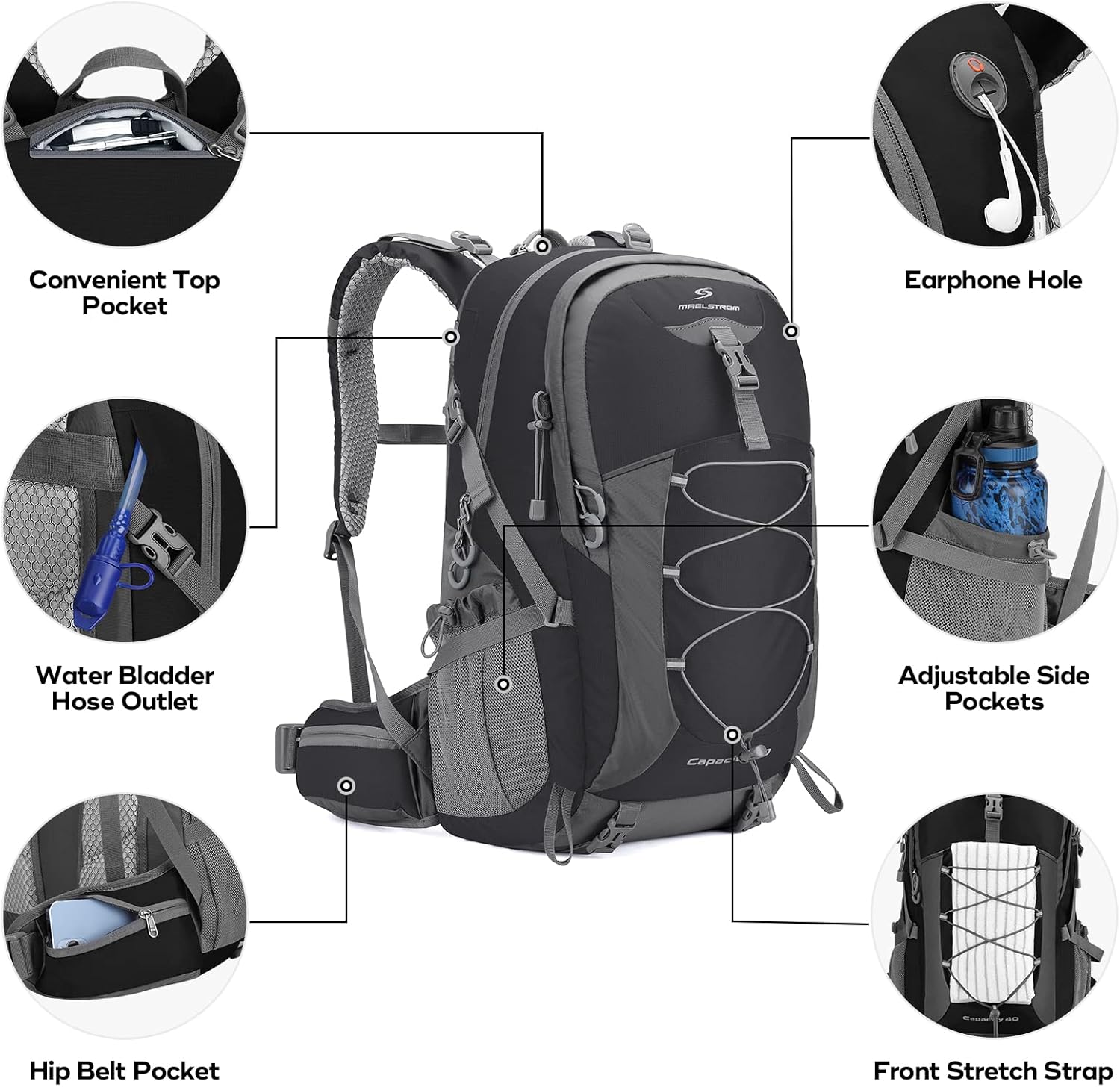 Maelstrom Mochila de senderismo para hombres, mochila de campamento, mochilas de senderismo impermeables con funda de lluvia, mochila ligera de 40 L