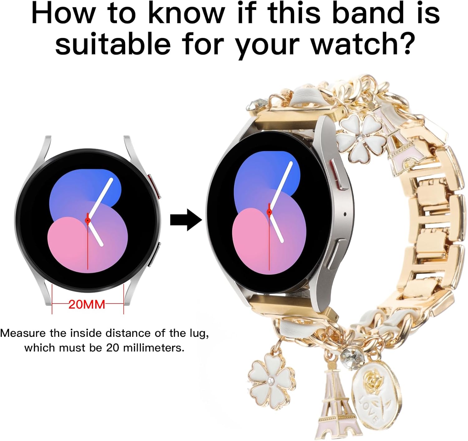 Elegante correa de reloj de metal de 0.787 pulgadas compatible con Samsung Galaxy Watch 6 5 4 401.732 in, Watch 4 Classic 421.811 in, Watch 3 1.614