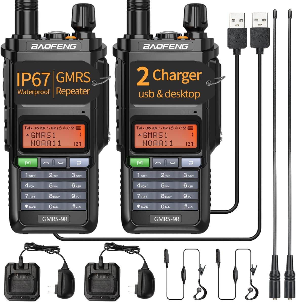 BAOFENG GMRS Radio impermeable, radios bidireccionales GMRS-9R, radio de mano de largo alcance recargable, escáner NOAA de doble banda, compatible
