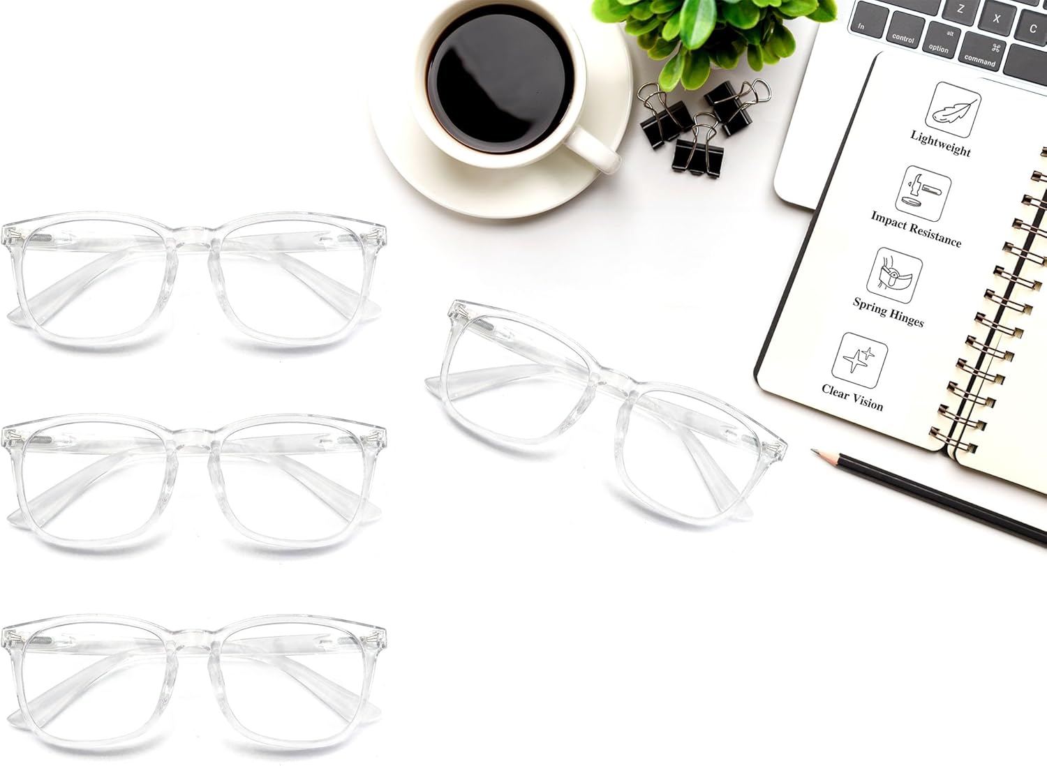 HAPJOYS Gafas de lectura transparentes para mujer, con bloqueo de luz azul, +0.50, lentes de tramposos cuadrados transparentes, paquete de 4