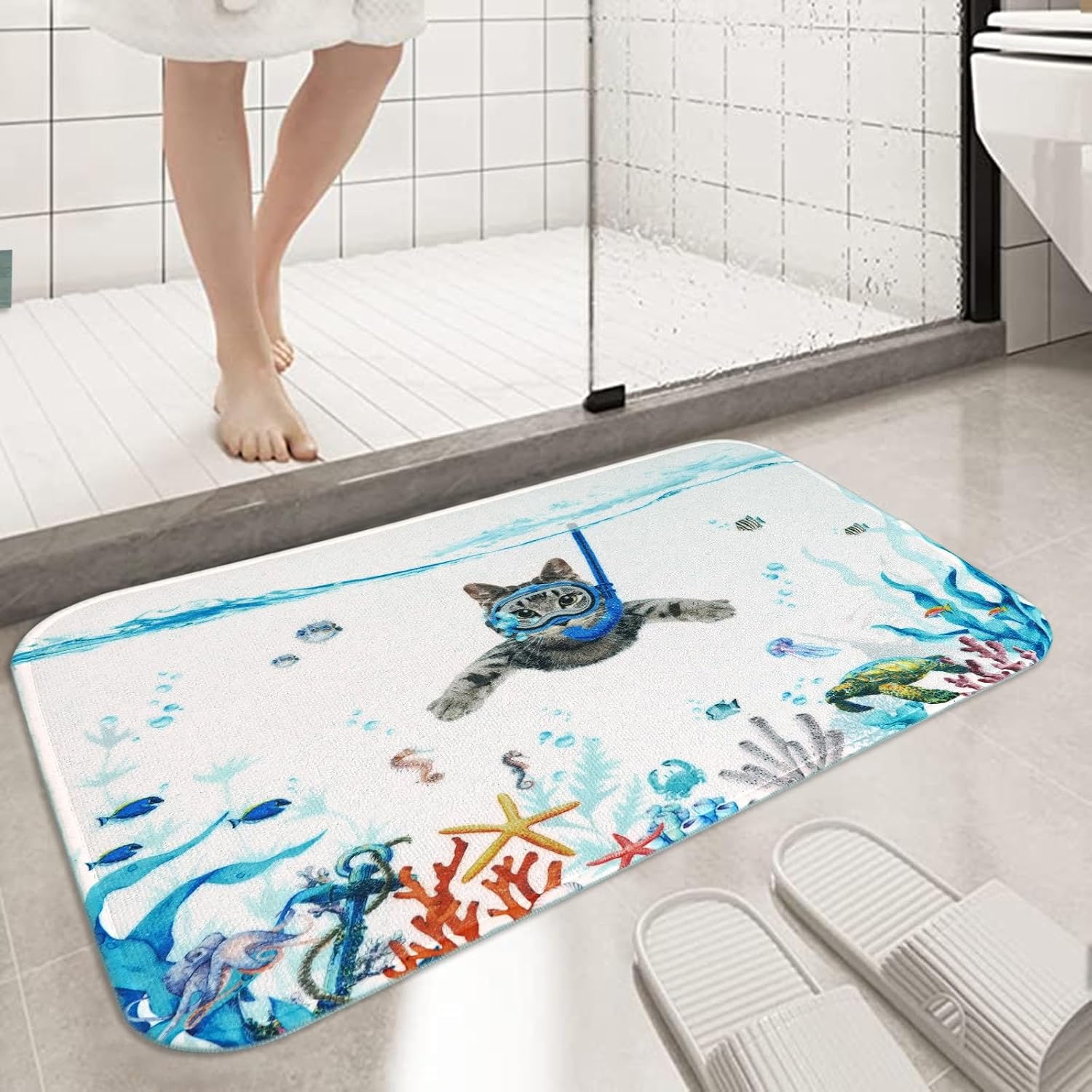 Fowocu Divertidas alfombras de baño con diseño de gatos, diseño de animales marinos y océanos, absorbentes de agua, antideslizantes, de microfibra
