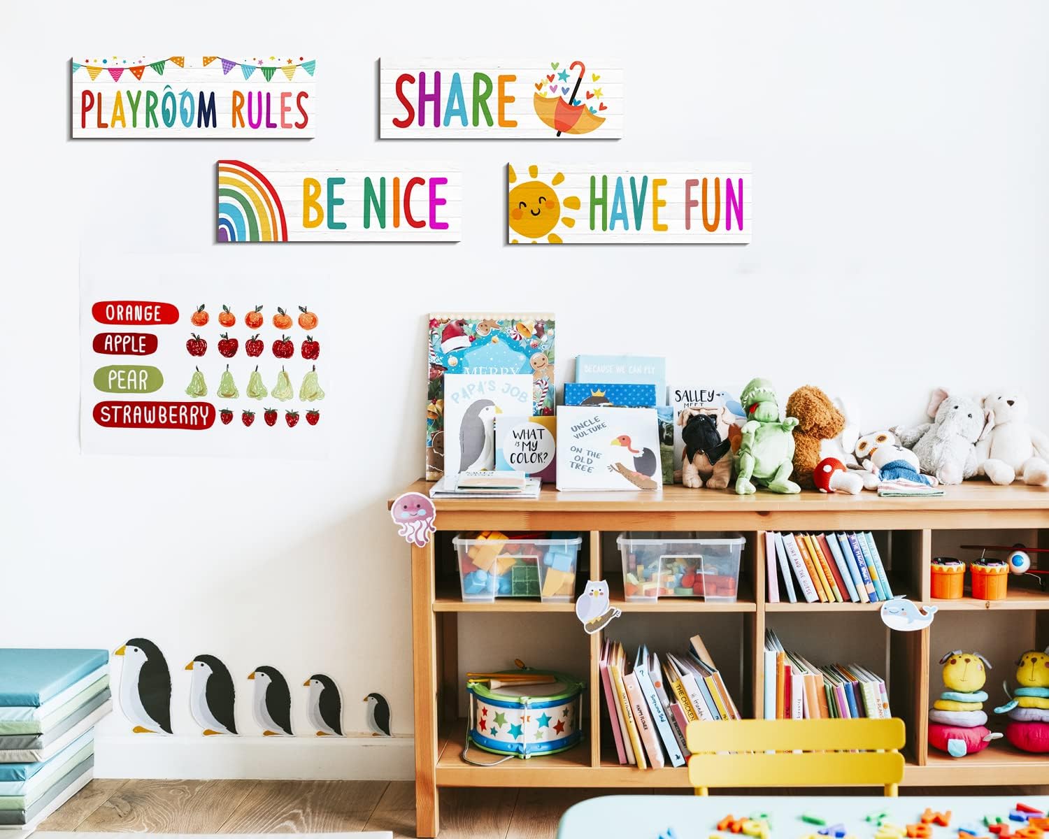 4 letreros para sala de juegos para niños, decoración de pared para sala de juegos, reglas de juegos, citas, letrero con texto en inglés “Be Nice