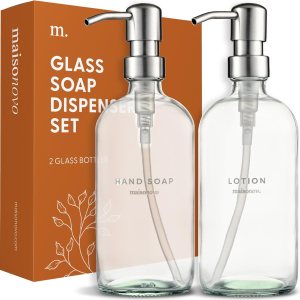MaisoNovo Juego de dispensador de jabón y loción de baño 2 bombas plateadas de vidrio transparente MaisoNovo Juego de dispensador de jabón y loción de baño 2 bombas plateadas de vidrio transparente
