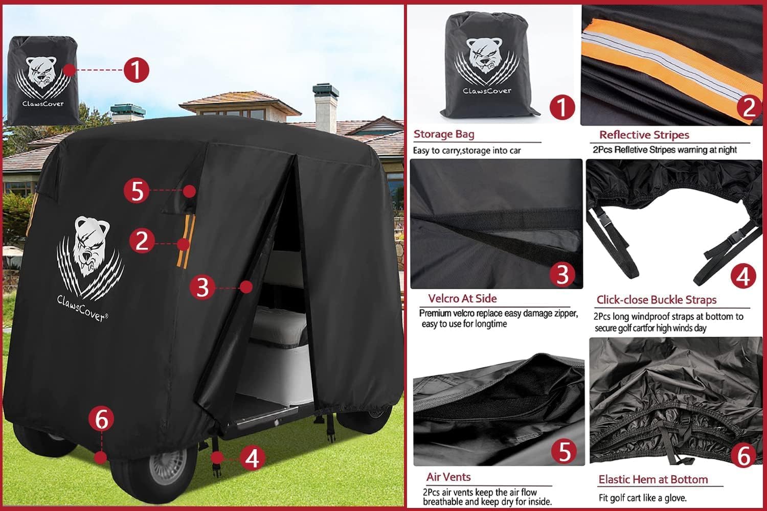 246 Passenger Golf Cart Covers,Waterproof Outdoor Heavy Duty Fadeless All Weather 246-Seater Golfcart Cover Accessories Fits for EZGO,Club