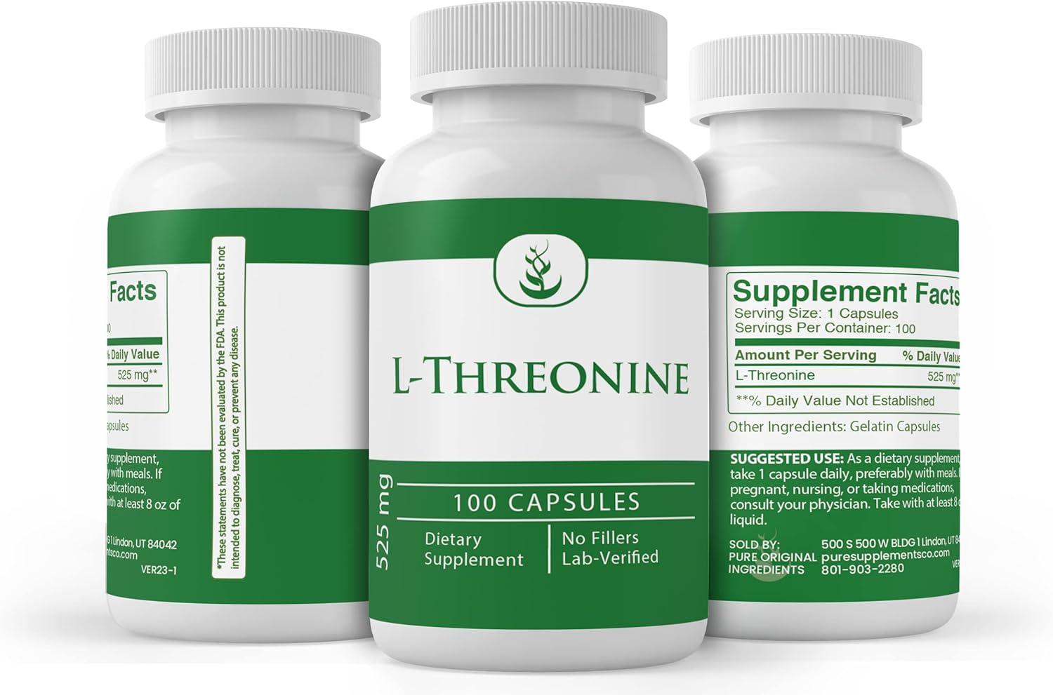 PURE ORIGINAL INGREDIENTS Cápsulas de L-treonina, (100 cápsulas) siempre puras, sin aditivos ni rellenos, verificado por laboratorio