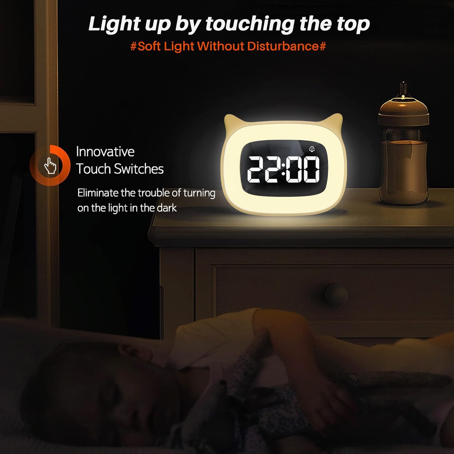 Reloj despertador para niños con luz nocturna y 18 tonos de llamada, recargable, lindo reloj con orejas de gato para regalos de cumpleaños de niños