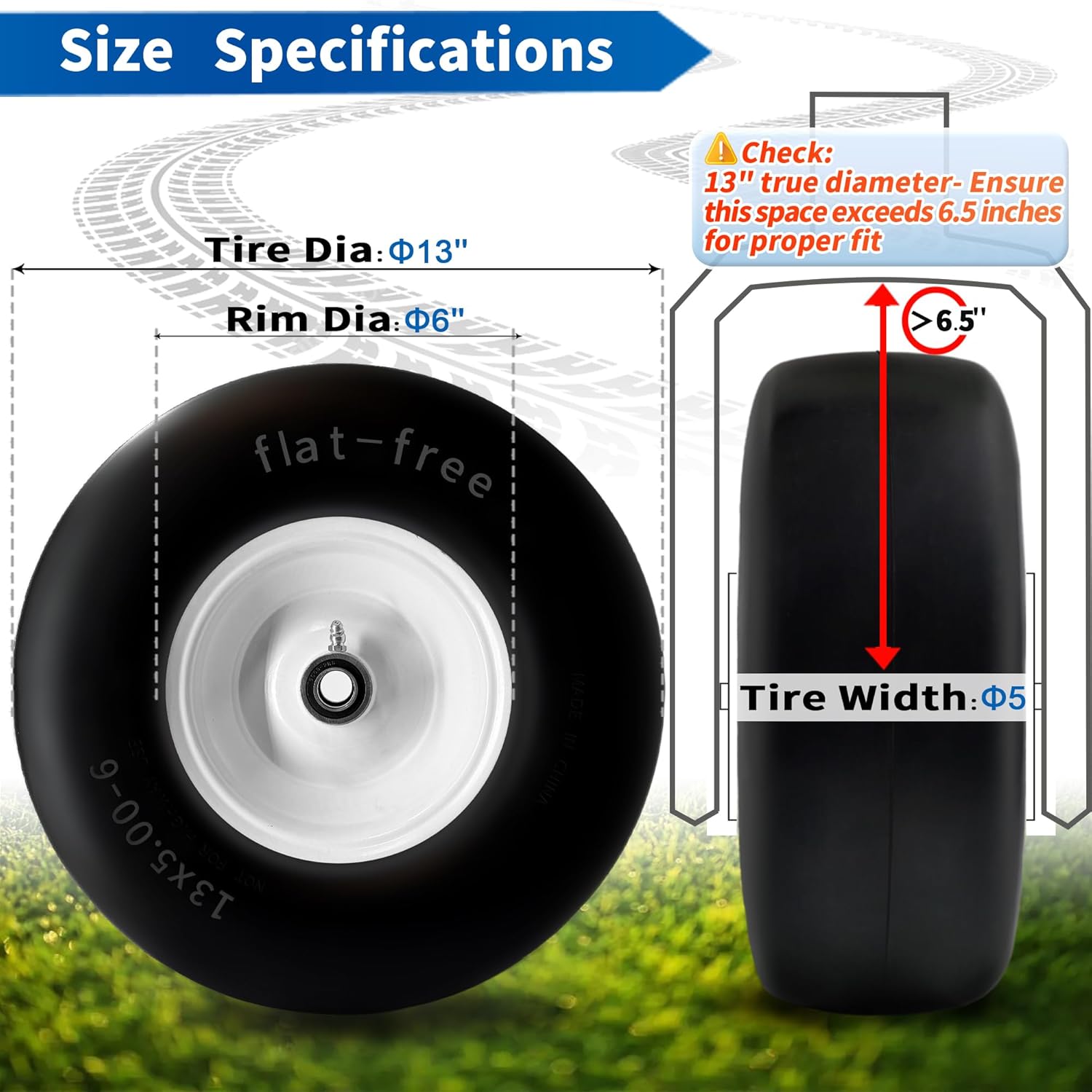 2Pcs 13×5.00-6 Flat Free Tire and Wheel for Lawn Mowers & Zero Turn Mowers, with 34″ & 58″ Grease Bushing and 3.25″-5.9″ Centered Hub,Solution for