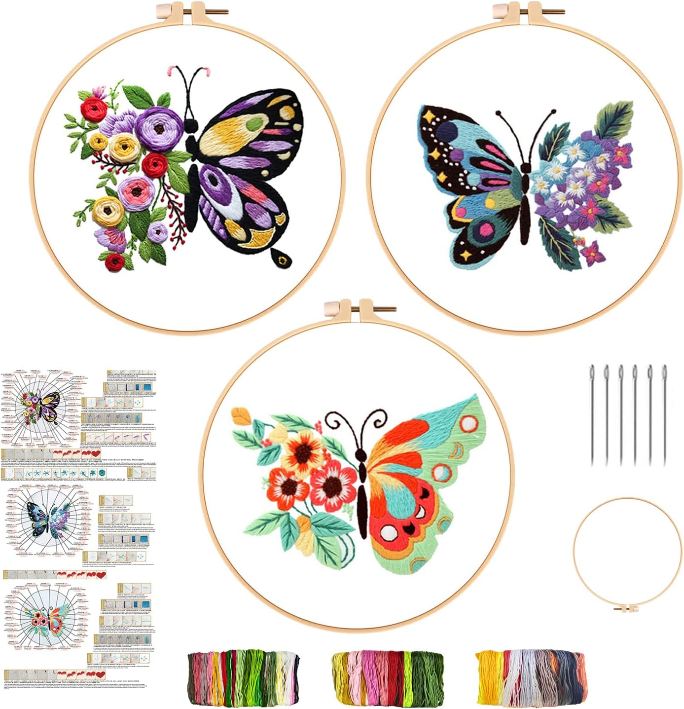 HONYAN Kit de bordado de 3 juegos para principiantes, kits de punto de cruz para adultos, kit de inicio de bordado estampado con patrón, incluye