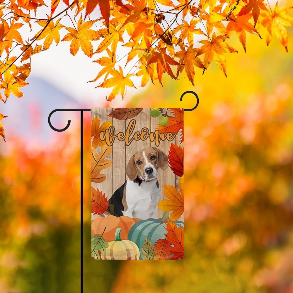 Bandera de bienvenida para otoño, decoración de perro, bandera de casa Shih Tzu, hojas de arce, calabazas, bandera de cosecha para patio al aire