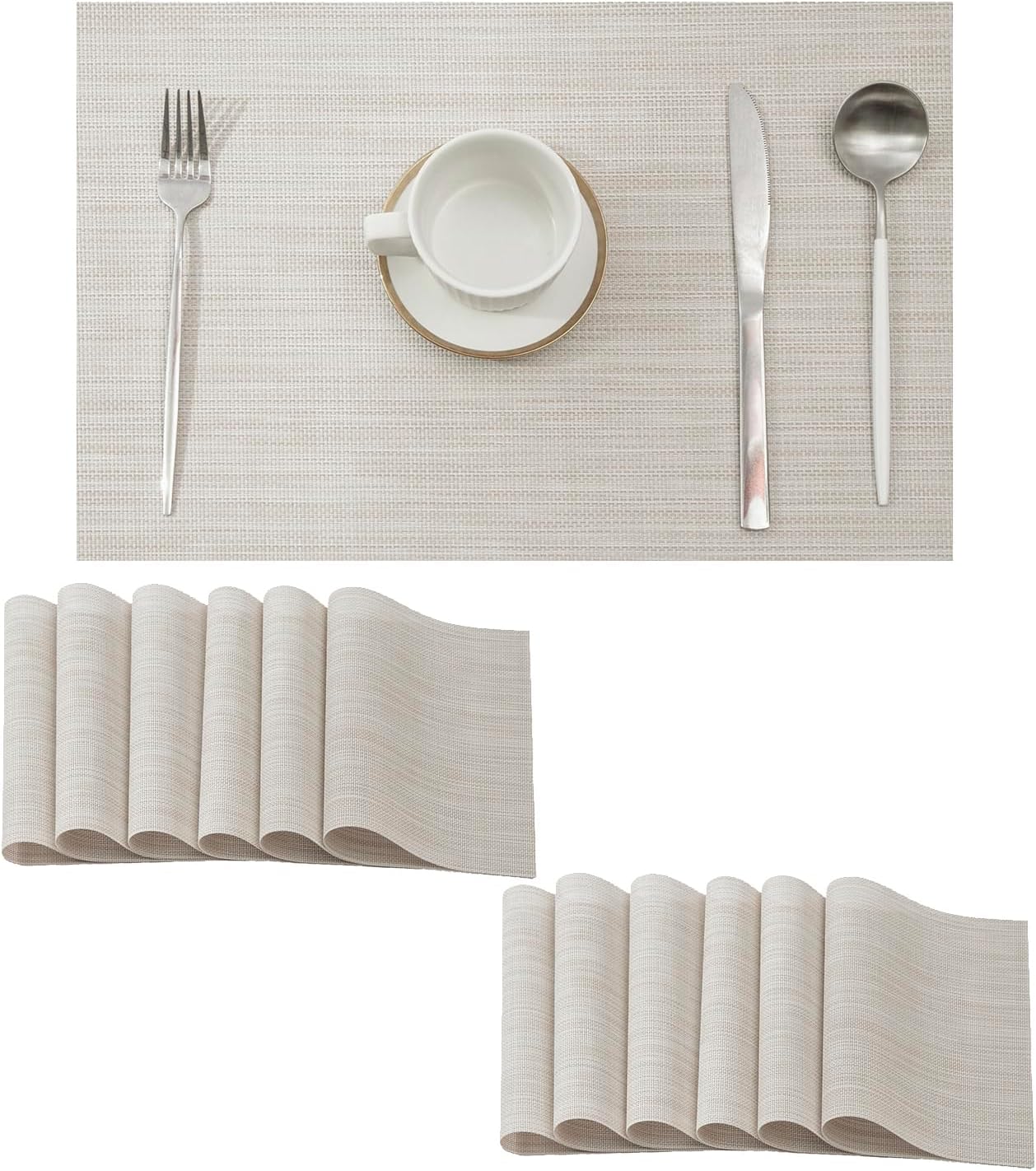 Juego de 12 manteles individuales beige y blanco, resistentes al calor, antideslizantes, para mesa de comedor, lavables, duraderos, tejido de vinilo