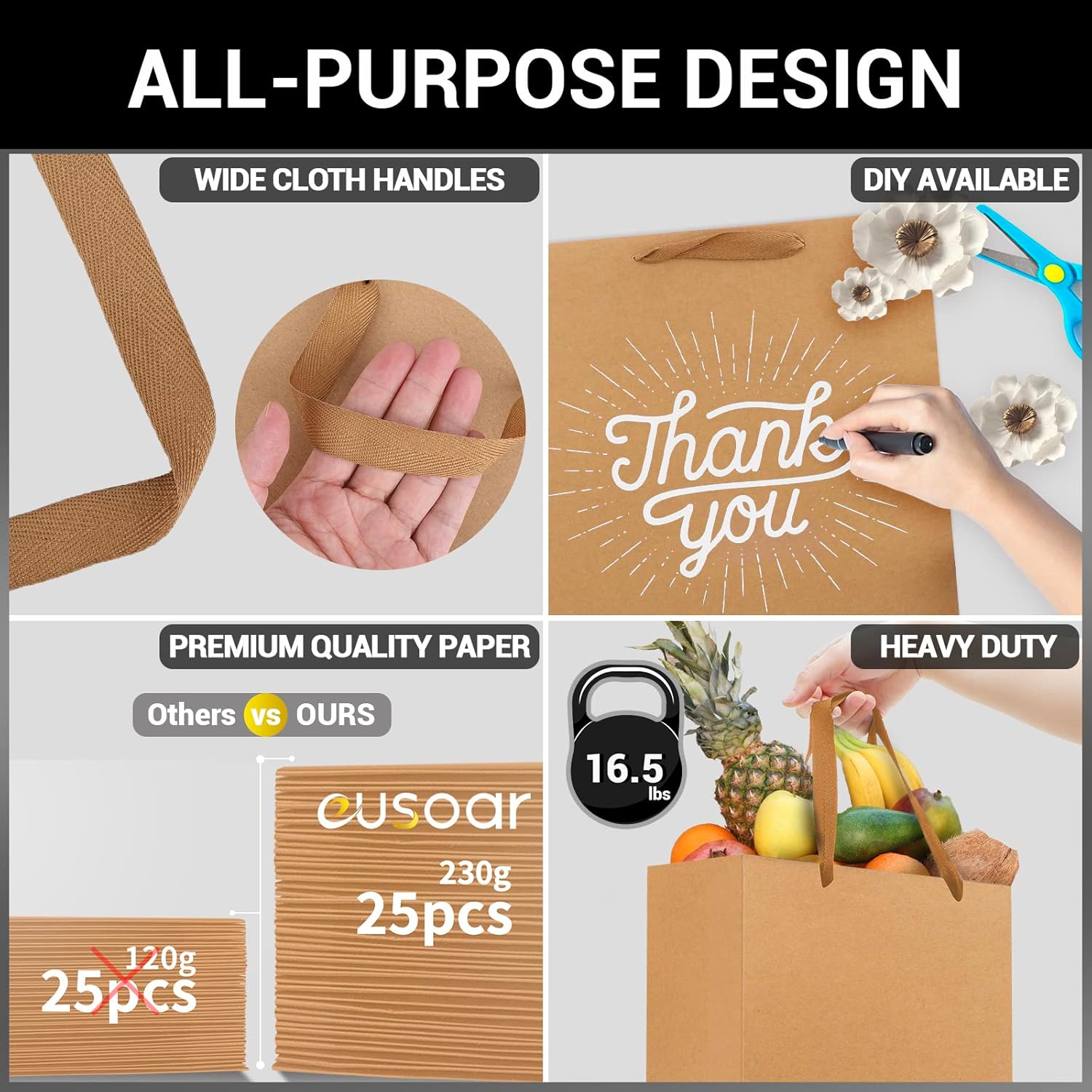 EUSOAR – Bolsas de papel con asas, 25 bolsas de compras de papel kraft marrón de 9.8 x 5.1 x 12.5 pulgadas, bolsas de papel Kraft, bolsas de fiesta,