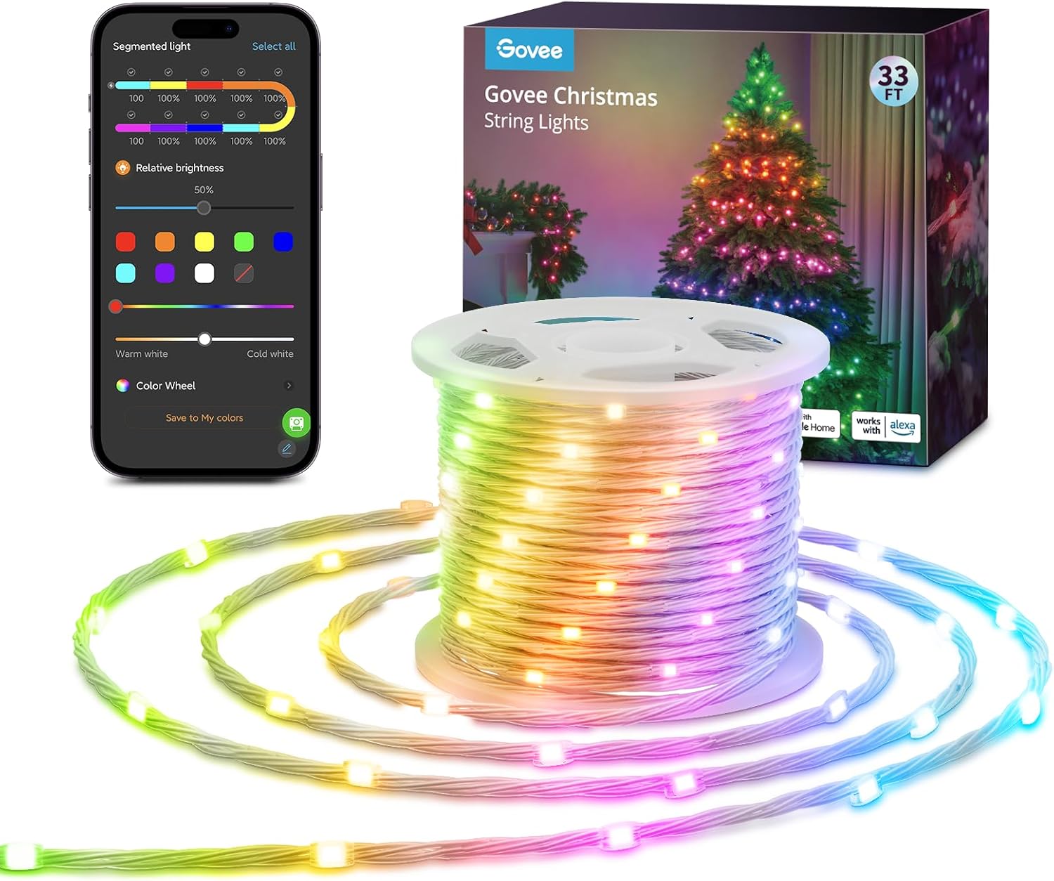 Govee Cadena de luces de 33 pies, luces inteligentes RGBIC para interiores con más de 99 modos de escena preestablecidos, luces LED de Navidad