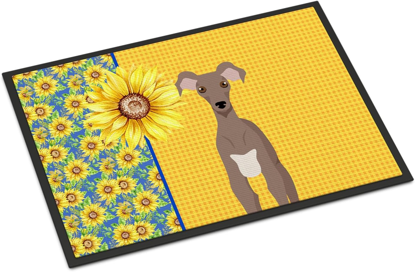 Caroline’s Treasures WDK5431MAT – Felpudo de verano con girasoles y leondo italiano, de 18 x 27 pulgadas, para puerta delantera, para interiores y