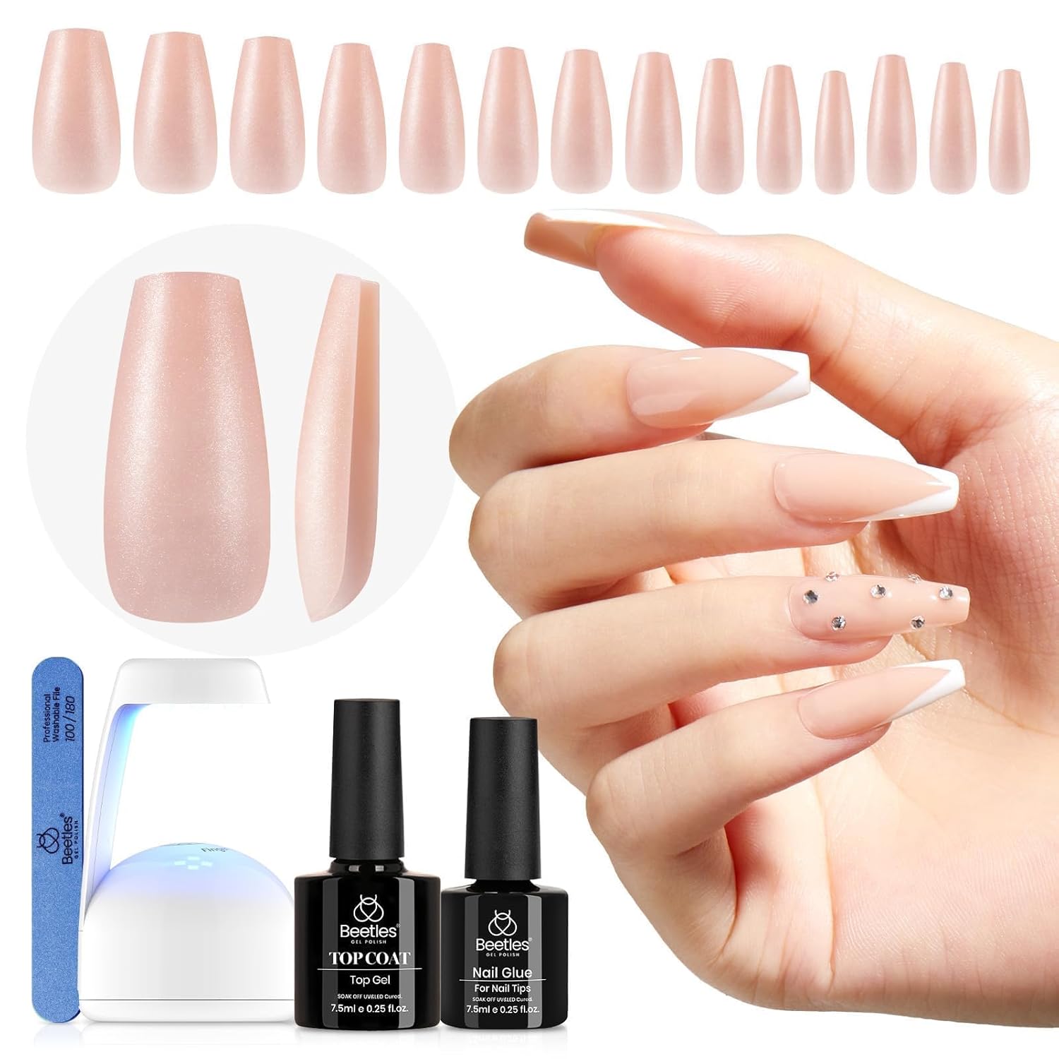 Beetles – Kit de uñas de gel de fácil extensión, color rosa nude, degradado, ataúd medio, cobertura completa, 240 puntas de uñas acrílicas postizas