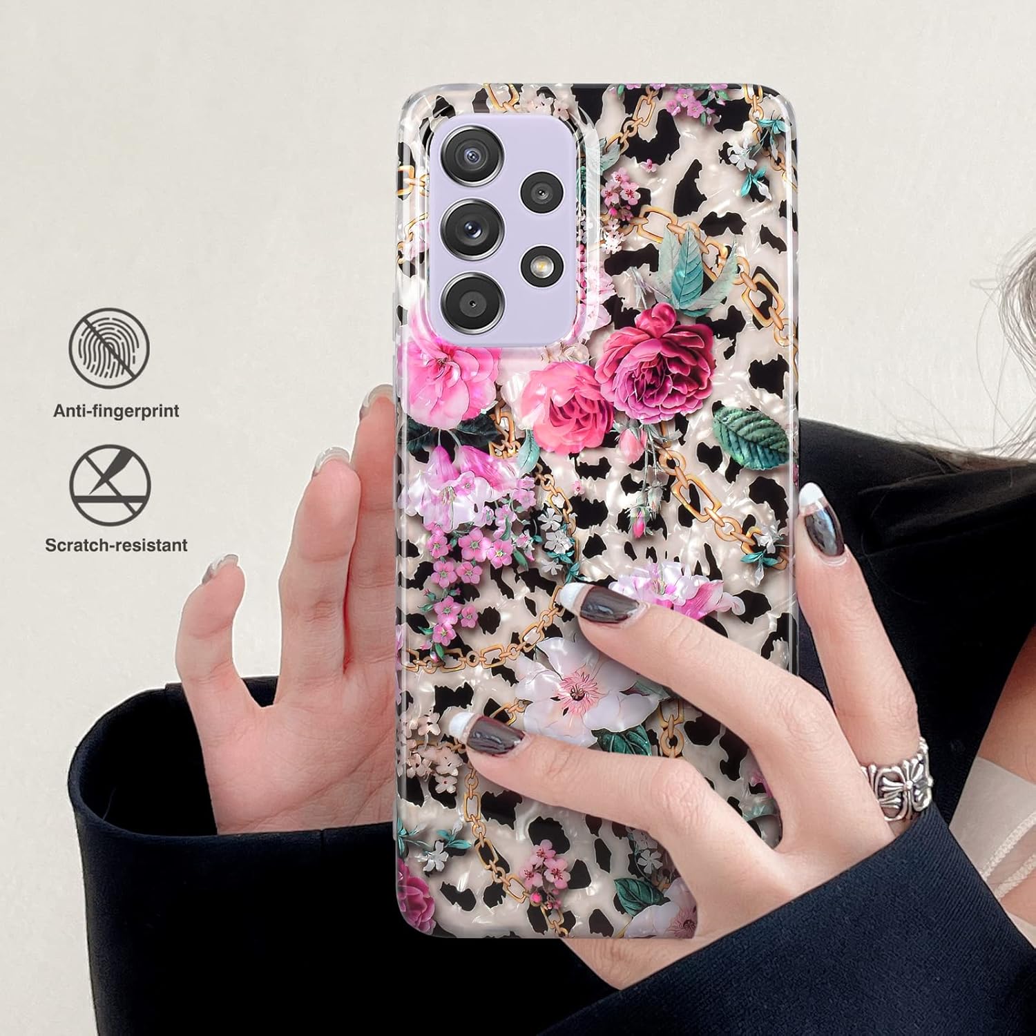 Funda cuadrada de flores para Samsung Galaxy A53 5G con patrón de concha de leopardo, bonito diseño de purpurina para mujeres y niñas, a prueba de