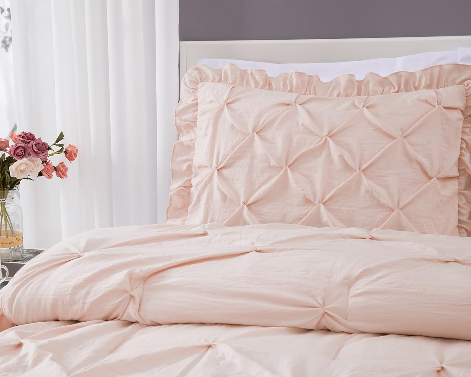 Chezmoi Collection Aria – Juego de colcha plisada de 3 piezas con falda con volantes  French Country Chic Farmhouse  California King, color rubor