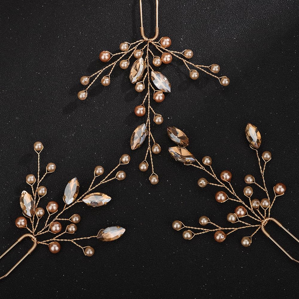 Teyglen Juego de 3 horquillas para el pelo de novia con perlas de cristal, para novia, boda, accesorios para el cabello, hechos a mano, rojo, negro,