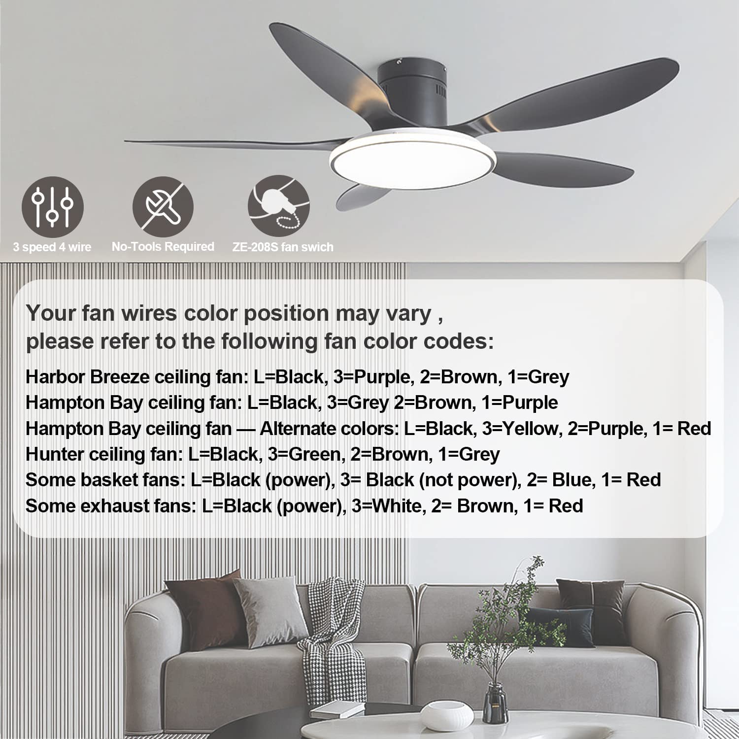 ZE-208s – Interruptor de ventilador de techo de 3 velocidades, con 4 cables preinstalados, compatible con reemplazo de interruptor de ventilador