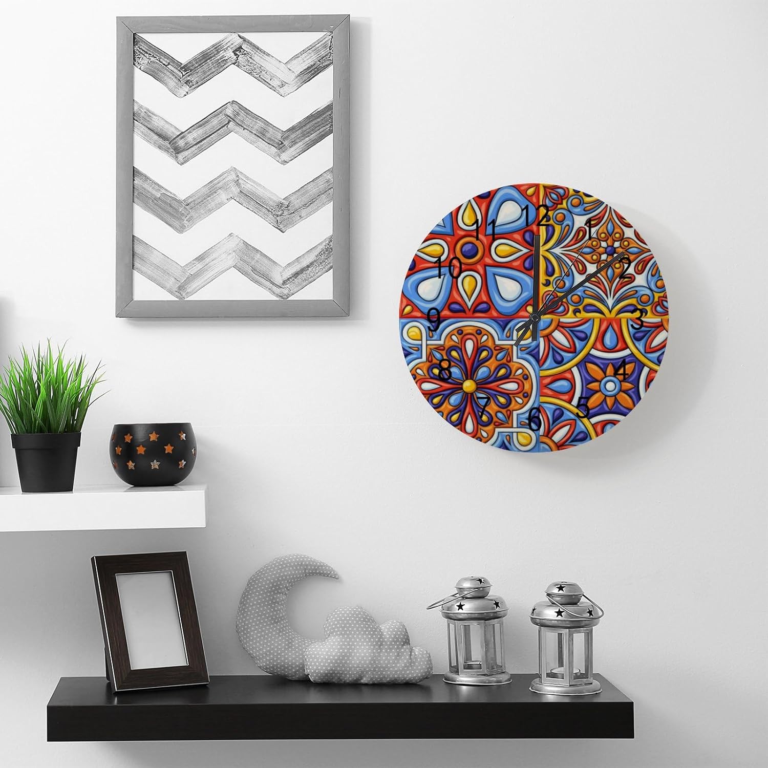 Reloj de pared redondo de madera de Talavera mexicana de 12 pulgadas, funciona con pilas, silencioso, sin tictac, fácil de leer, decoración de pared