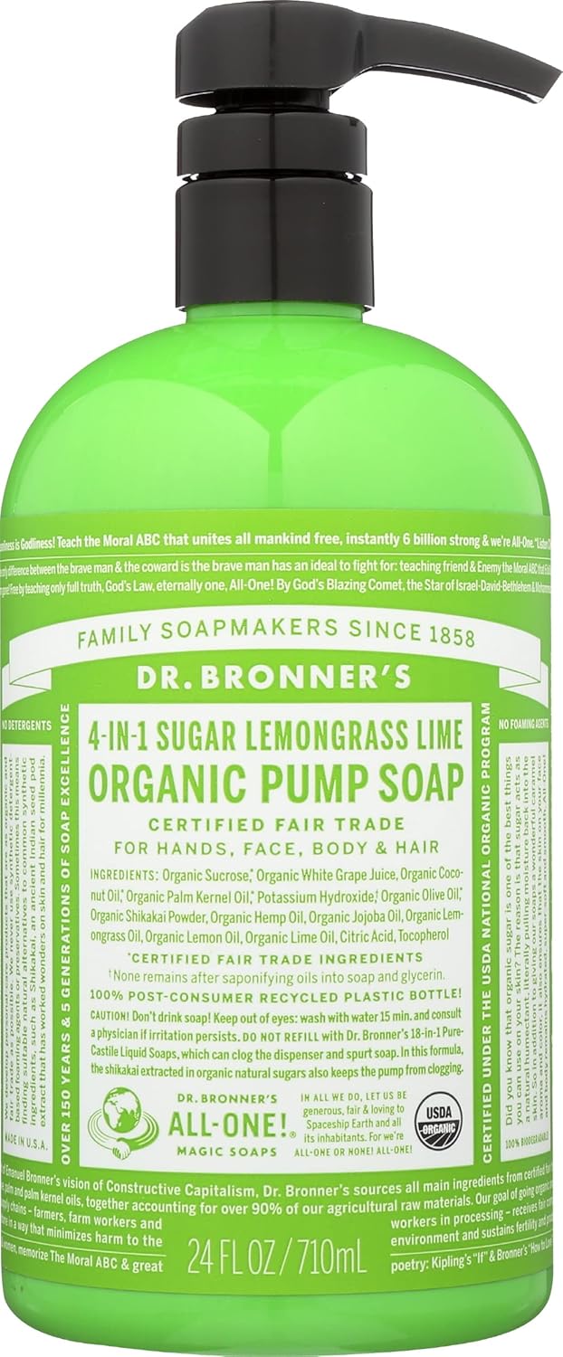 Dr Bronner – Jabón líquido orgánico 4 en 1 con bomba de limoncillo, vegano, sin OMG, 24 onzas líquidas (paquete de 1)