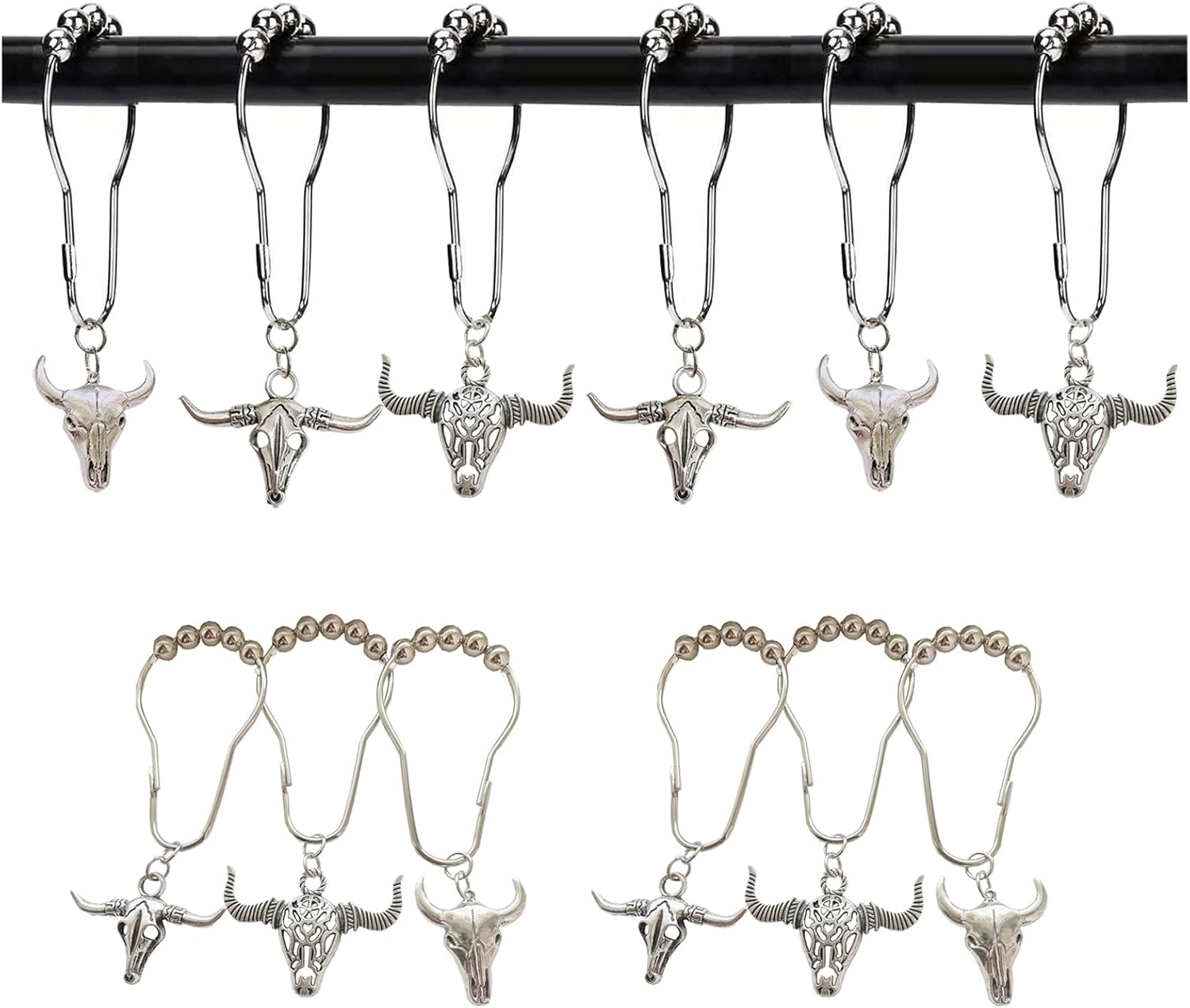 Ganchos para cortina de ducha de vaca, 12 piezas de acero inoxidable a prueba de óxido, accesorios para colgantes de calaveras de toro, vida