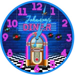 Retro Diner Juke Box Reloj de pared redondo de metal de aluminio de 12 pulgadas de diámetro Retro Diner Juke Box Reloj de pared redondo de metal de aluminio de 12 pulgadas de diámetro