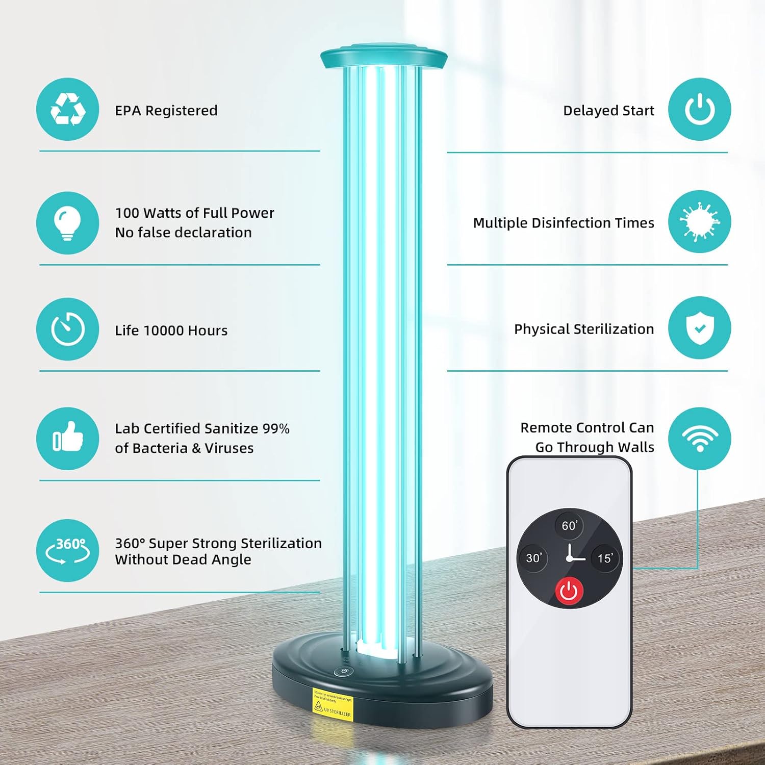 Lámpara germicida ultravioleta, desinfectante de luz UV sin ozono de 100 W para habitación grande, con control remoto de sincronización de tres