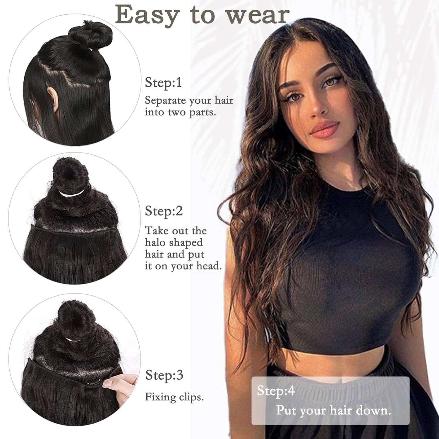 Extensiones de cabello tipo halo con diadema transparente ajustable, tamaño 4, clips de seguridad, largos, ondulados, alambre invisible, extensiones