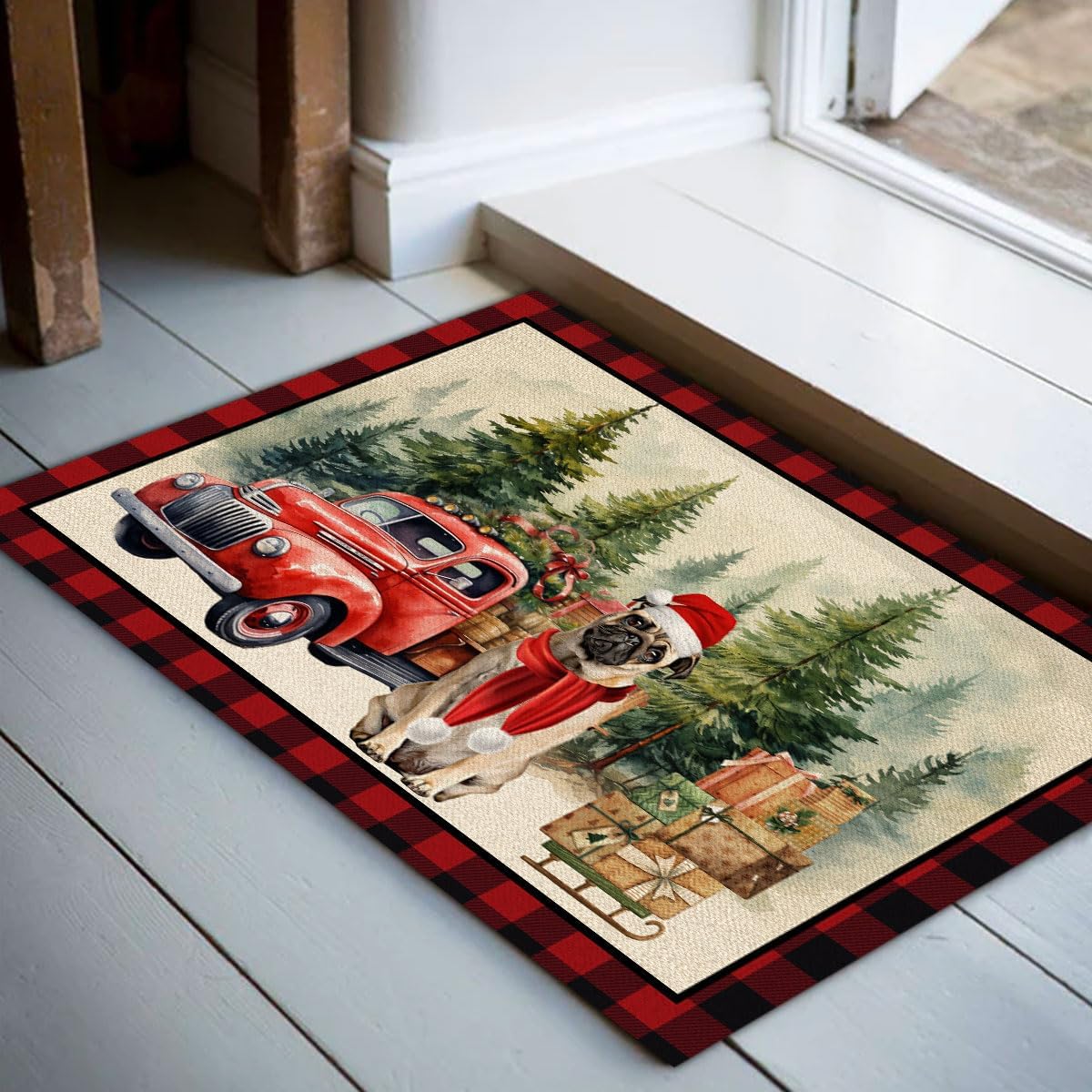 Tapete de bienvenida de perro de Navidad con diseño de pug, tapete de Navidad para invierno, para interiores y exteriores, regalo de inauguración de