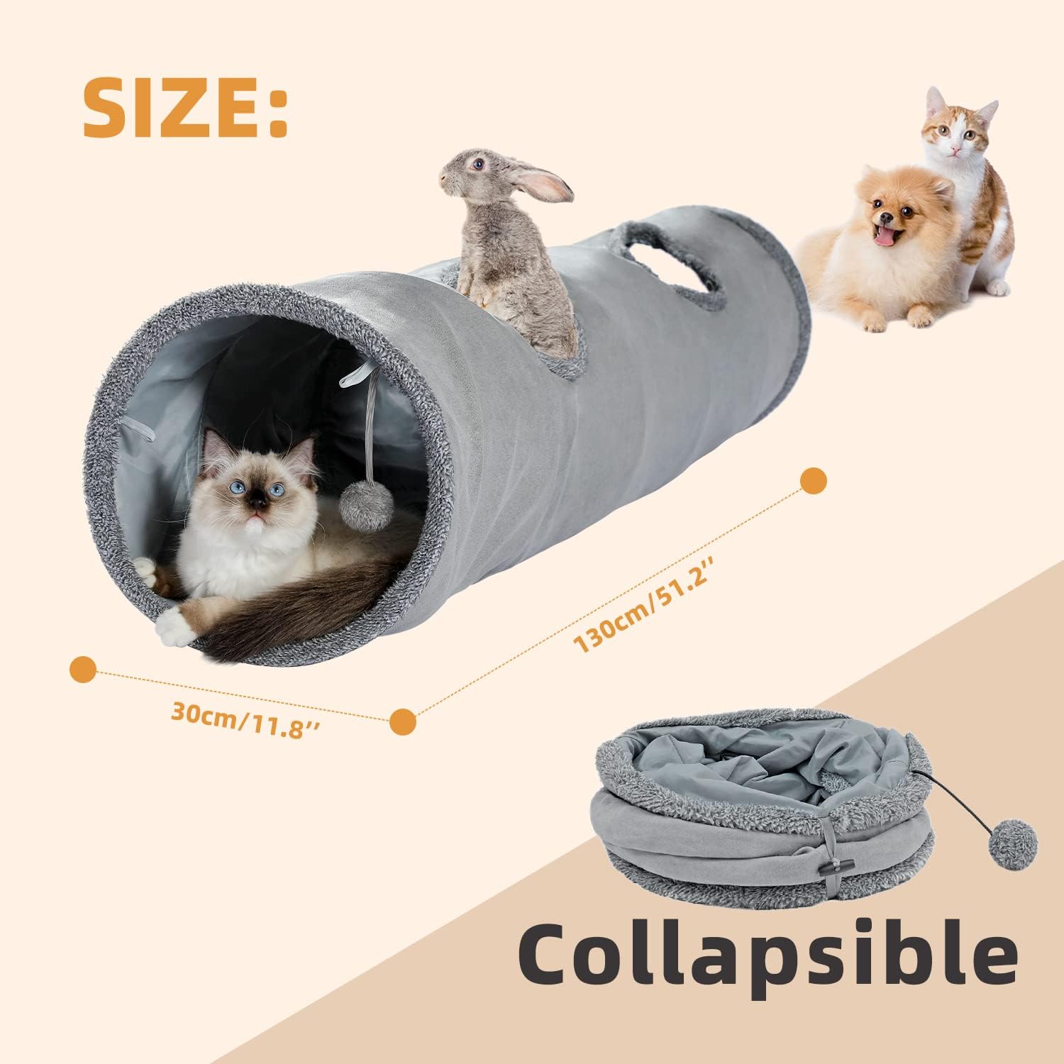 PAWZ Road Túnel para gatos de 51 pulgadas de largo, túnel plegable de 12 pulgadas de diámetro, tubo grande para gatos grandes, conejos y cachorros,