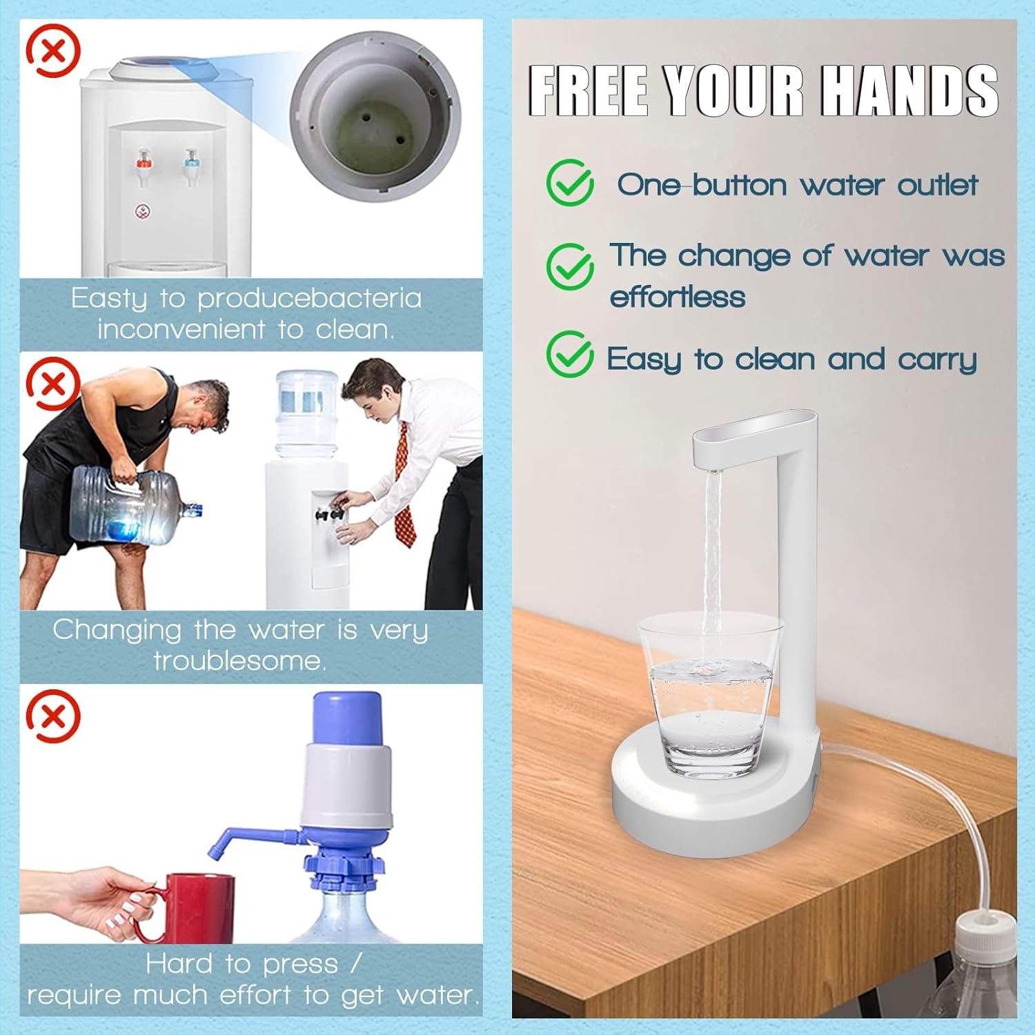 Dispensador de agua LED para mesita de noche, dispensador de botellas de agua de escritorio, luz LED y botones táctiles, dispensador de agua