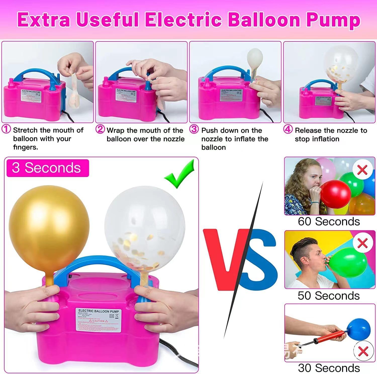 Bomba eléctrica de globo de aire, infladorsoplador eléctrico portátil de doble boquilla para decoración de fiestas, se utiliza para llenar