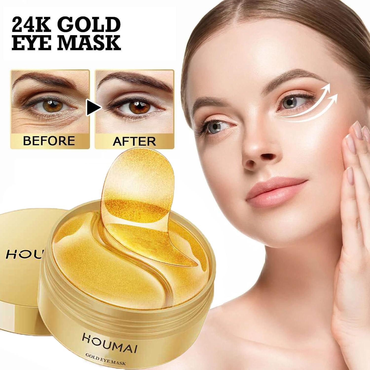 Houmai – Máscara de ojos dorada, Houmai Gold – Máscara hidratante radiante para ojos, parches de colágeno para ojeras, colágeno antienvejecimiento