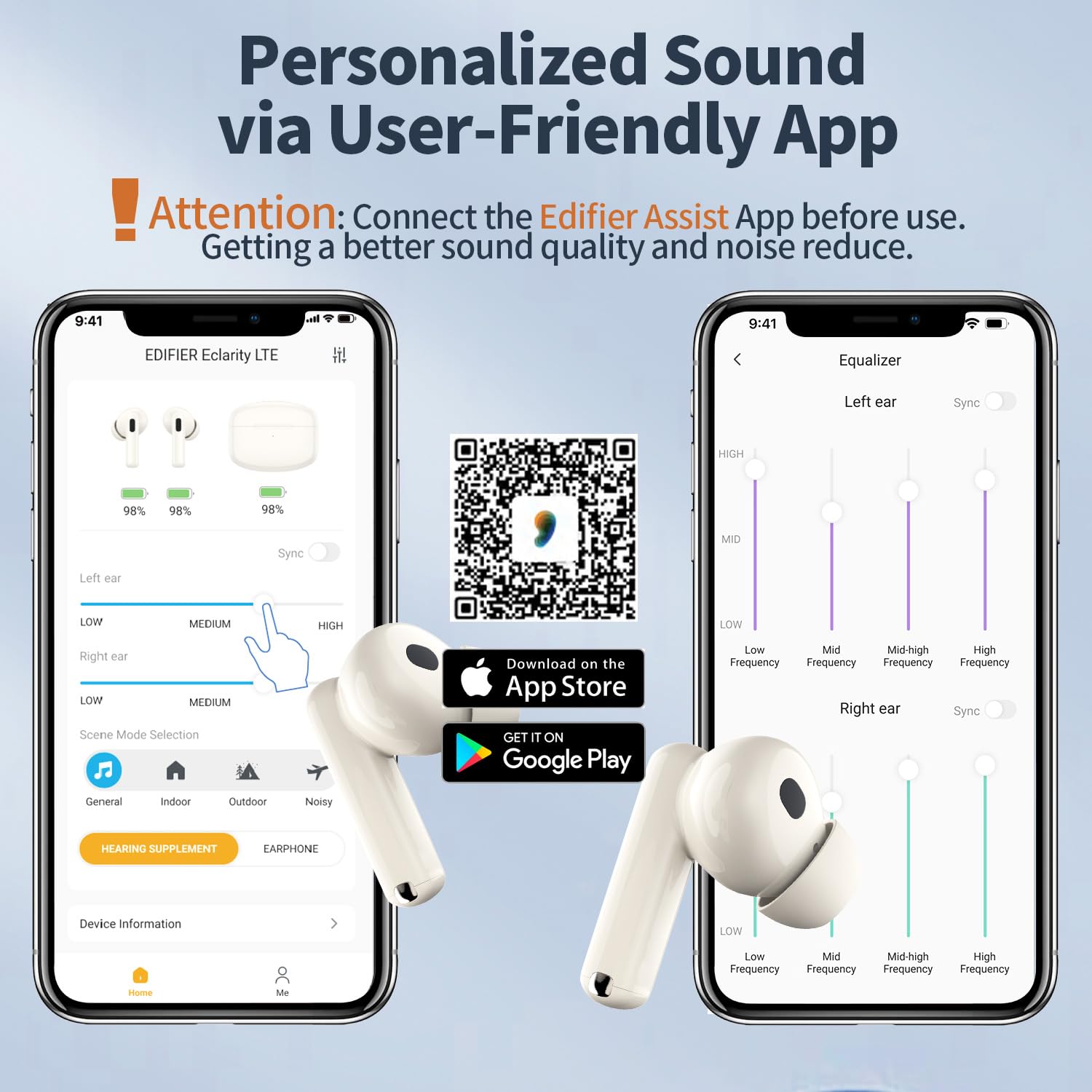 Edifier Audífonos Bluetooth, amplificadores auditivos OTC, control de aplicación para iOS Android, reducción de ruido y cambio de modo, pérdida