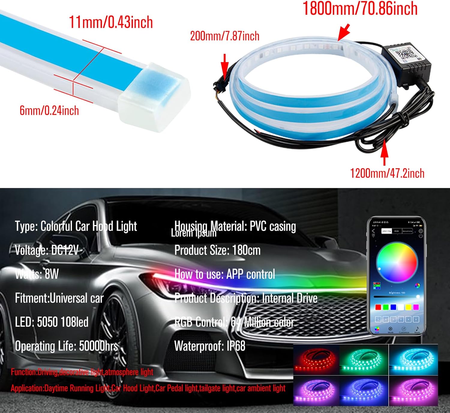 Tira de luces LED para capó de automóvil, 70 pulgadas, RGB multicolor, luces exteriores de automóvil con luz dinámica de circulación diurna A