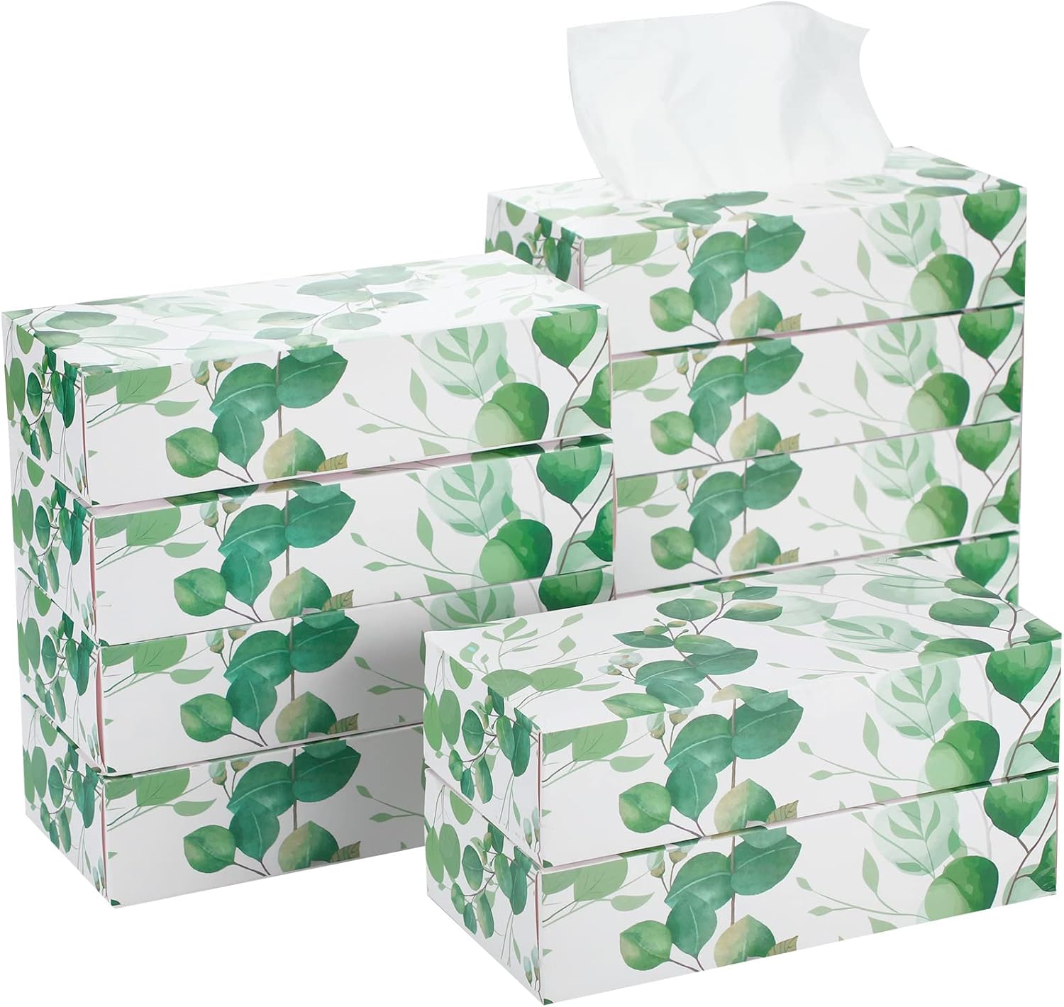 Paquete de 12 cajas de pañuelos faciales suaves a granel, caja de 2 capas, hojas de eucalipto verdes, cajas de pañuelos faciales lisas, caja plana