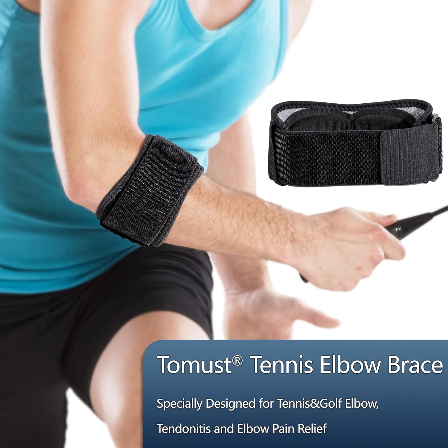TOMUST Codera de tenis  Banda de apoyo ajustable para antebrazo con almohadilla de compresión de gel, correa para el codo para bursitis, golfistas,