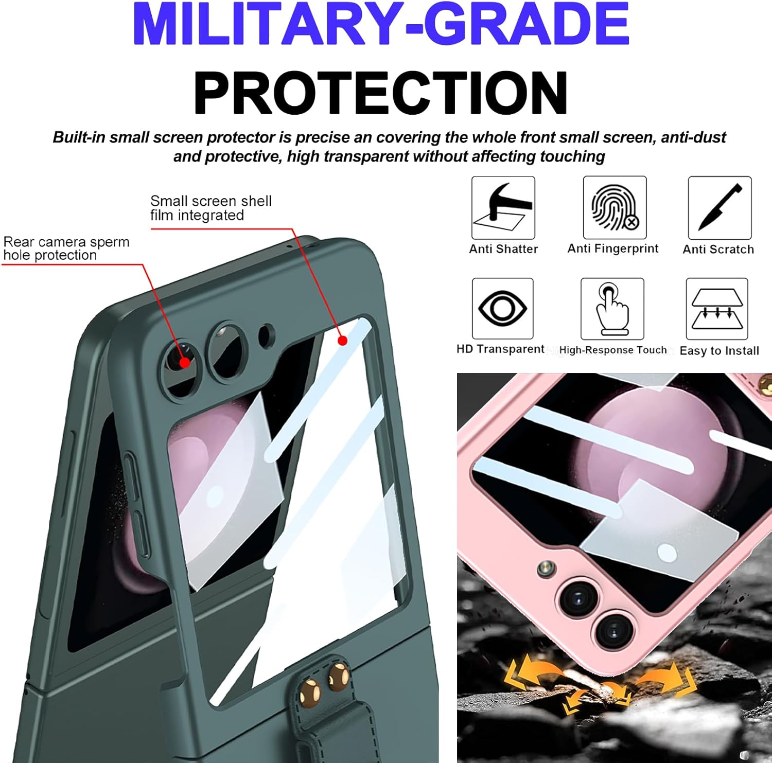 Miimall Funda compatible con Samsung Galaxy Z Flip 5 con correa para mujeres y niñas, película de pantalla pequeña integrada, soporte de anillo de