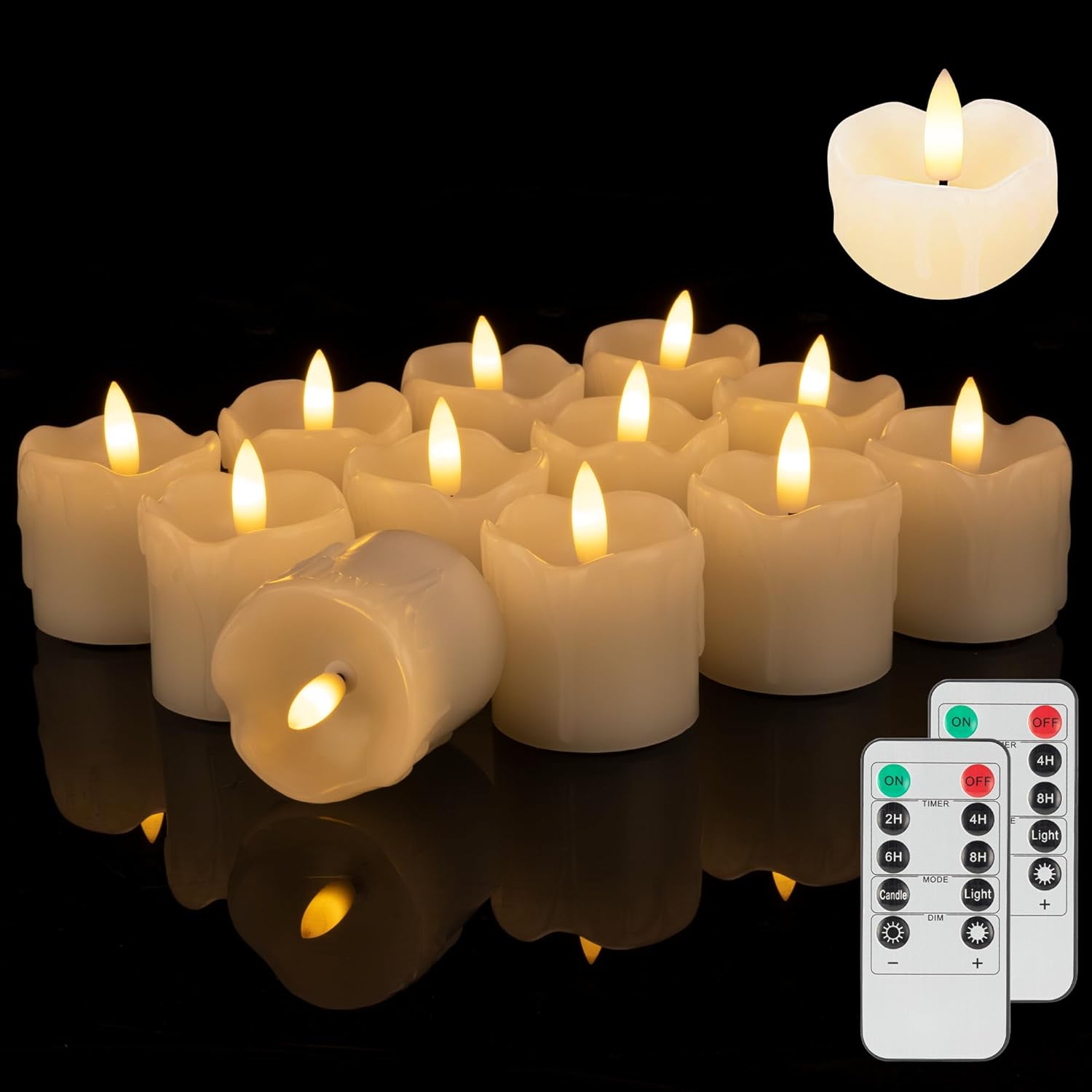 Velas votivas sin llama, velas LED sin goteo de 2 x 2 pulgadas con dos controles remotos, velas parpadeantes de cera real, paquete de 12 velas