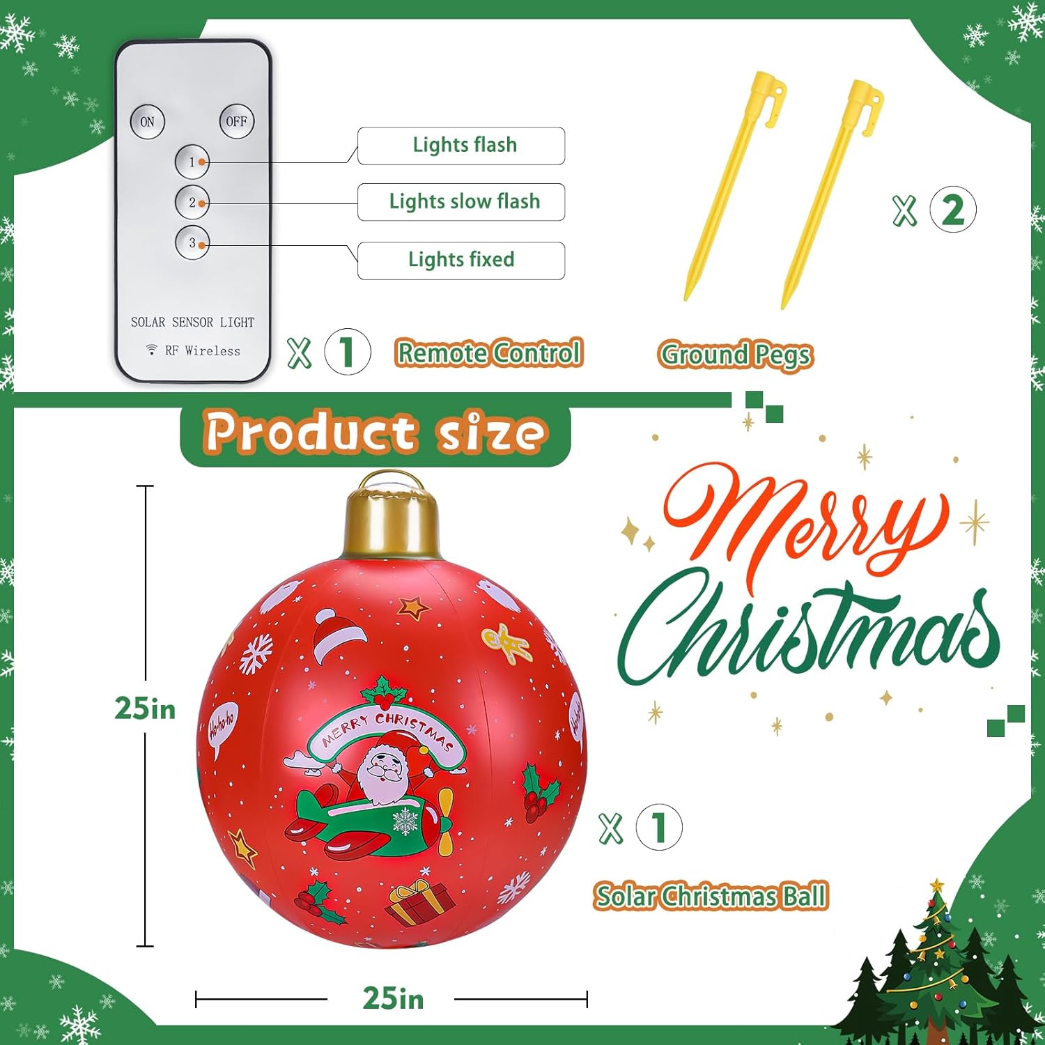 JOSEN Bola de Navidad inflable con luz solar, PVC, decoración de Navidad al aire libre, 24 pulgadas, adornos inflables grandes de Navidad gigantes
